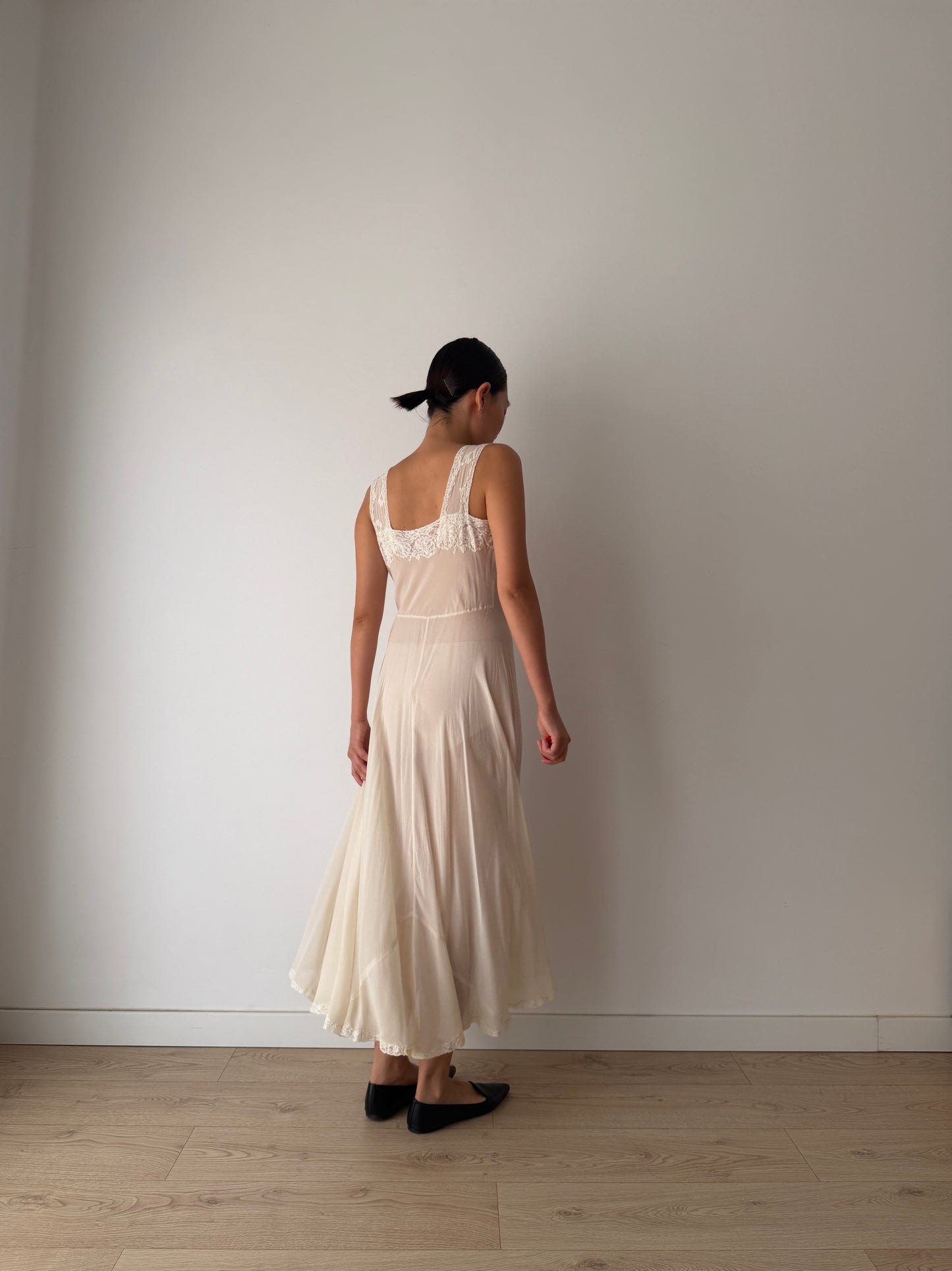 1930s Bias Cut White Silk Crepe Lace Slip Dress, Romantic Vintage Lingerie Bridal Gown