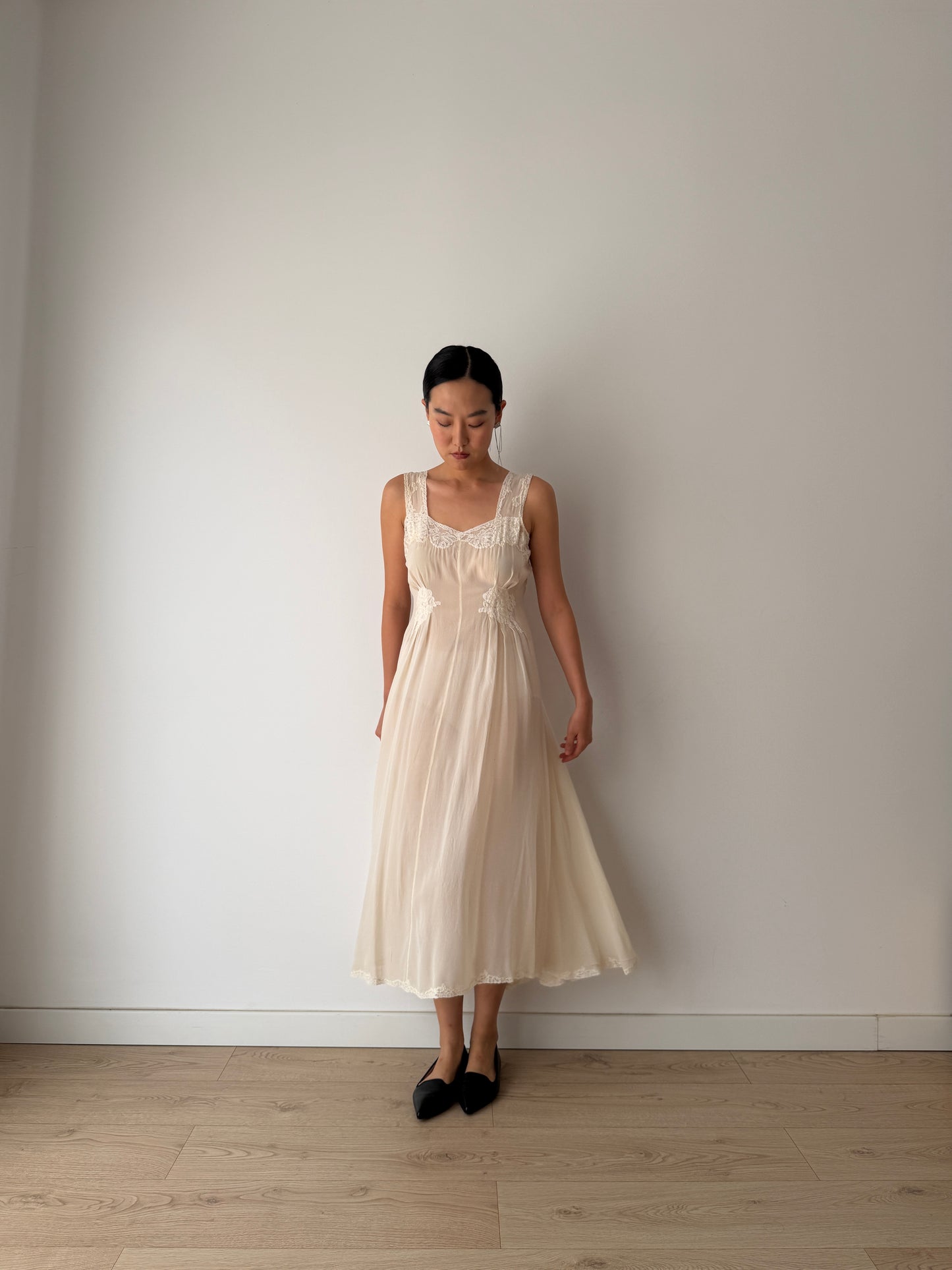 1930s Bias Cut White Silk Crepe Lace Slip Dress, Romantic Vintage Lingerie Bridal Gown