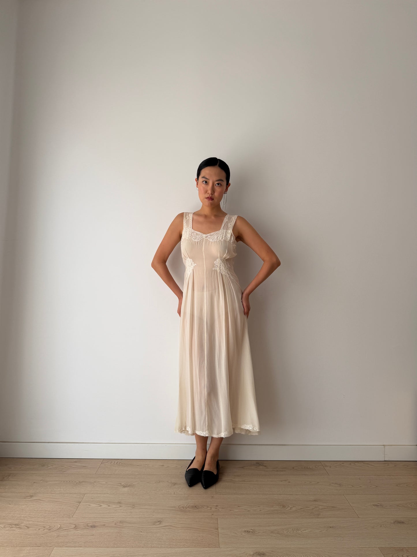 1930s Bias Cut White Silk Crepe Lace Slip Dress, Romantic Vintage Lingerie Bridal Gown
