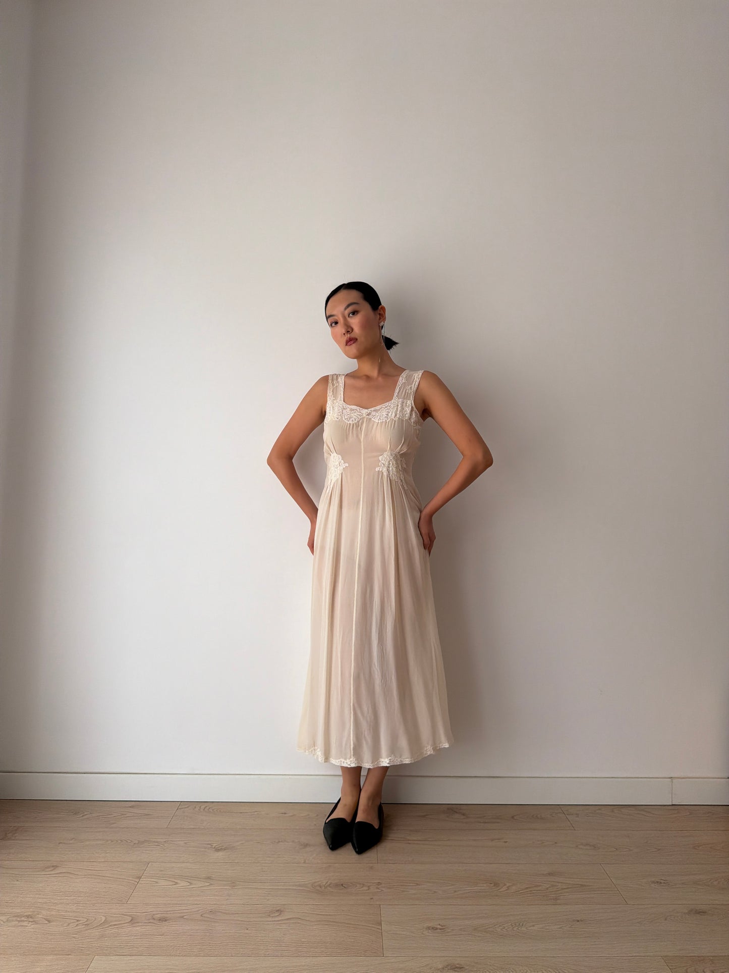 1930s Bias Cut White Silk Crepe Lace Slip Dress, Romantic Vintage Lingerie Bridal Gown