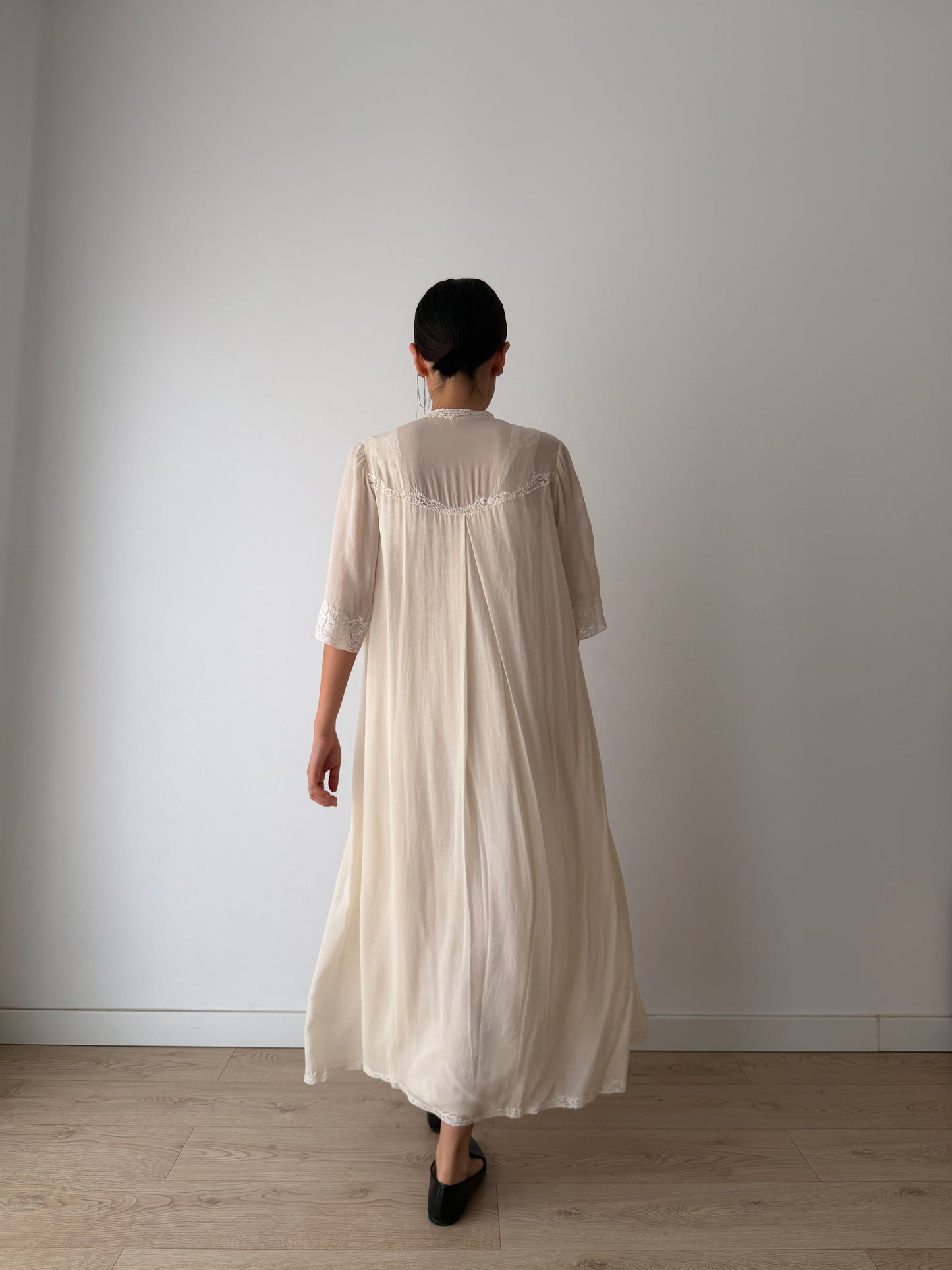 1940s Ivory Pure Silk Peignoir Robe | Vintage Lace Dressing Gown | Sheer Silk Boudoir Robe