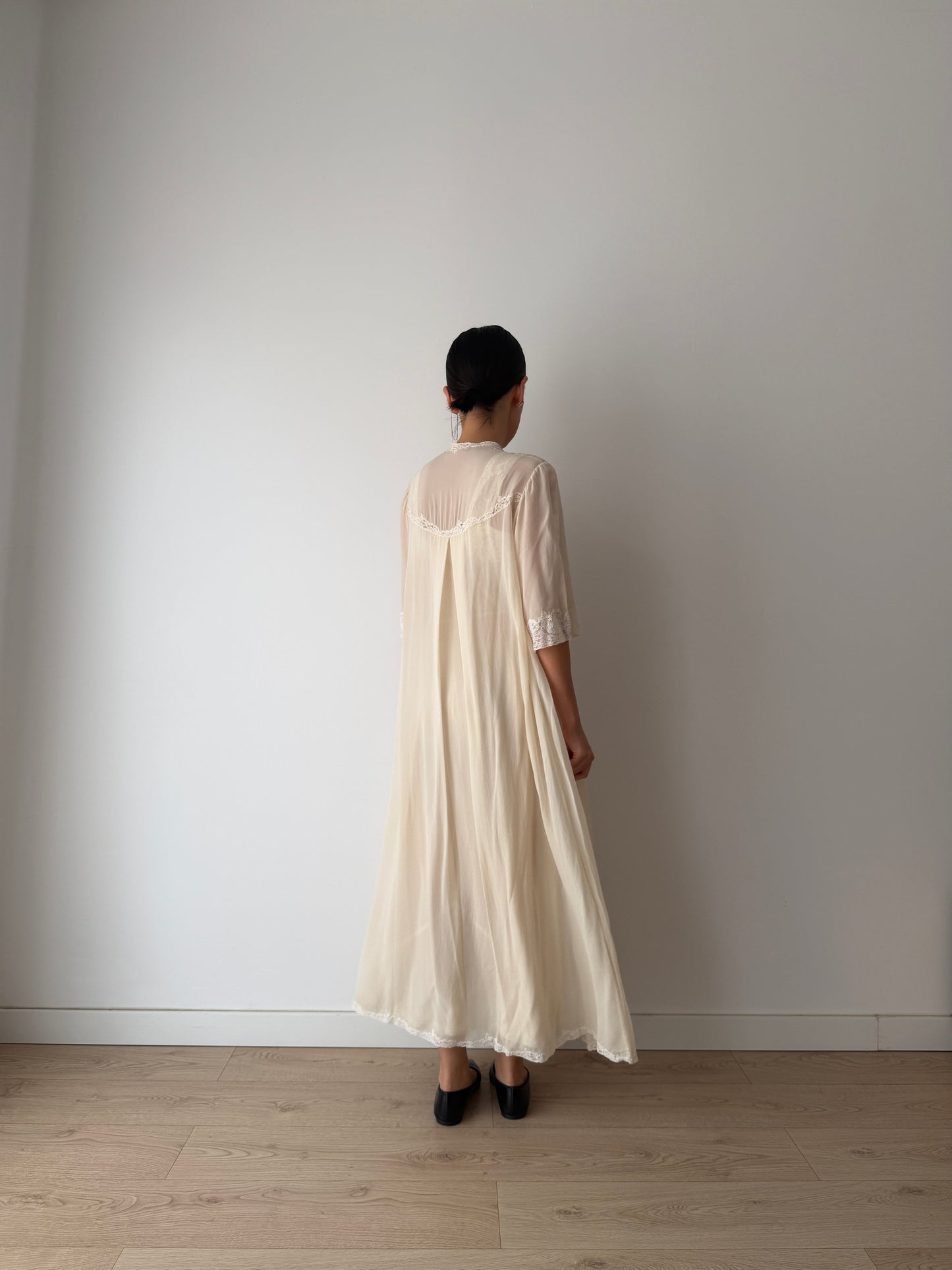 1940s Ivory Pure Silk Peignoir Robe | Vintage Lace Dressing Gown | Sheer Silk Boudoir Robe