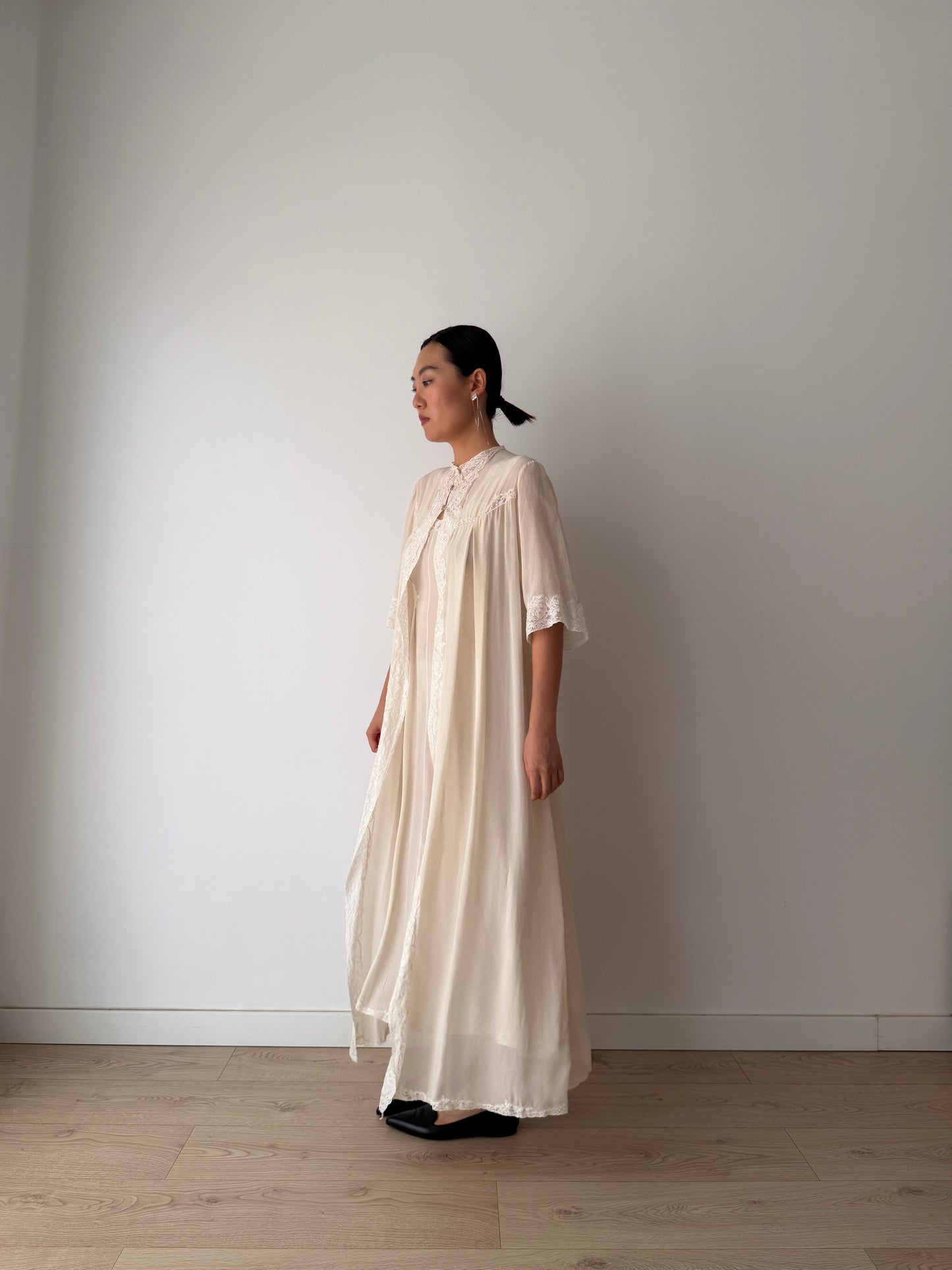 1940s Ivory Pure Silk Peignoir Robe | Vintage Lace Dressing Gown | Sheer Silk Boudoir Robe