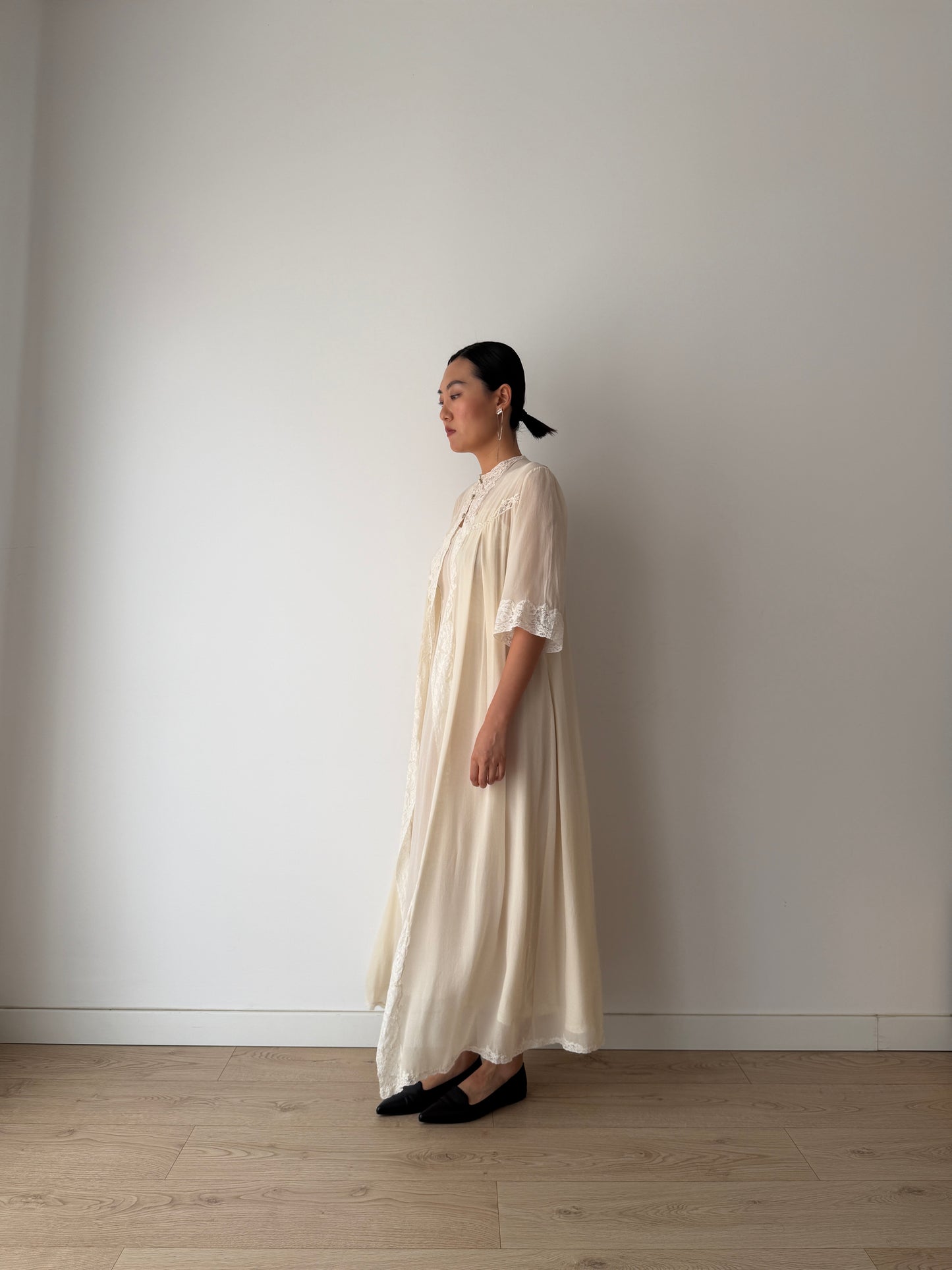 1940s Ivory Pure Silk Peignoir Robe | Vintage Lace Dressing Gown | Sheer Silk Boudoir Robe