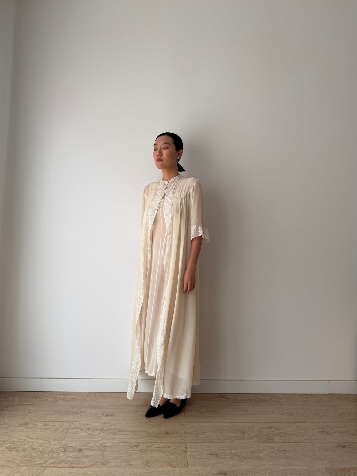 1940s Ivory Pure Silk Peignoir Robe | Vintage Lace Dressing Gown | Sheer Silk Boudoir Robe