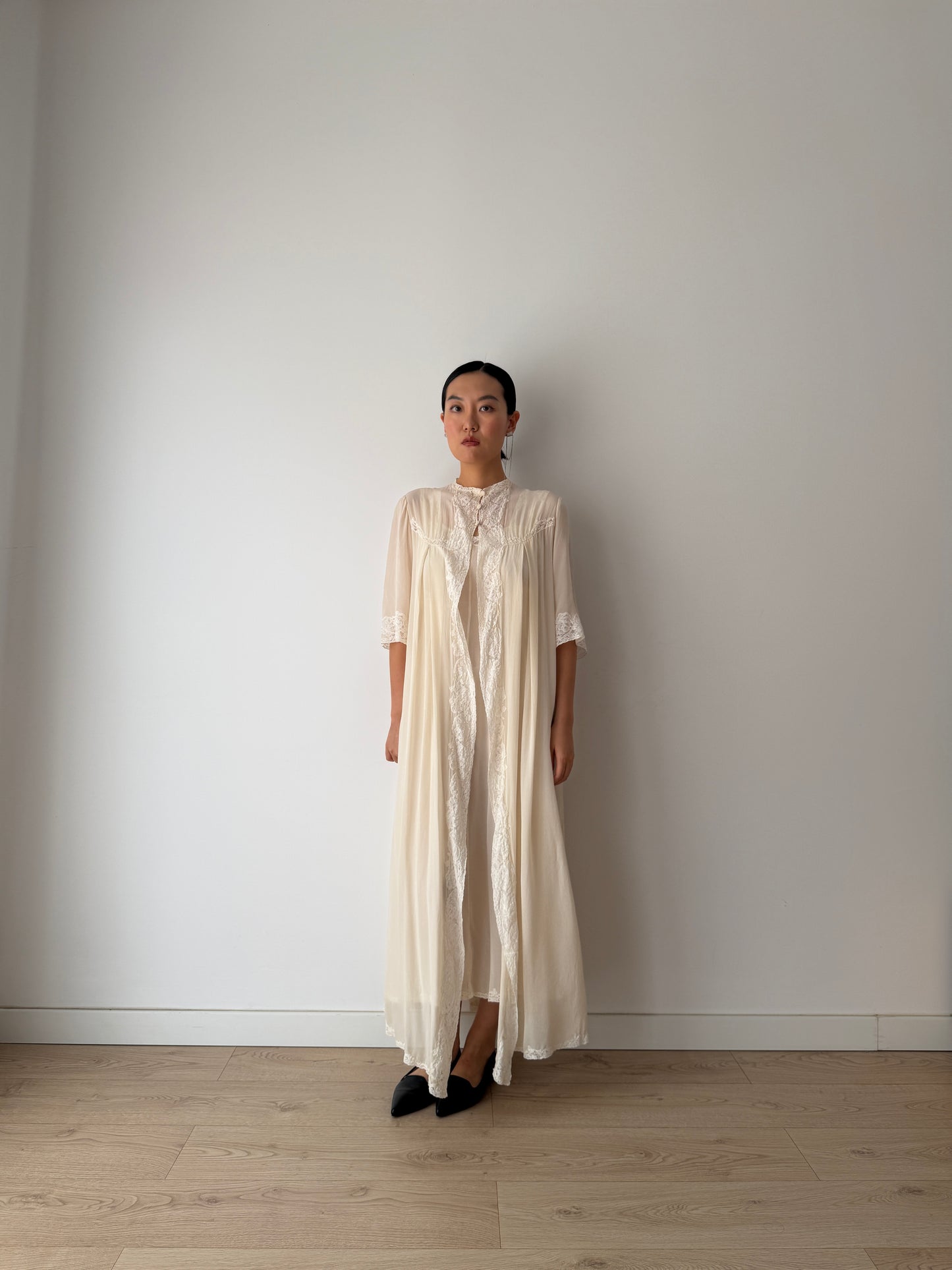 1940s Ivory Pure Silk Peignoir Robe | Vintage Lace Dressing Gown | Sheer Silk Boudoir Robe