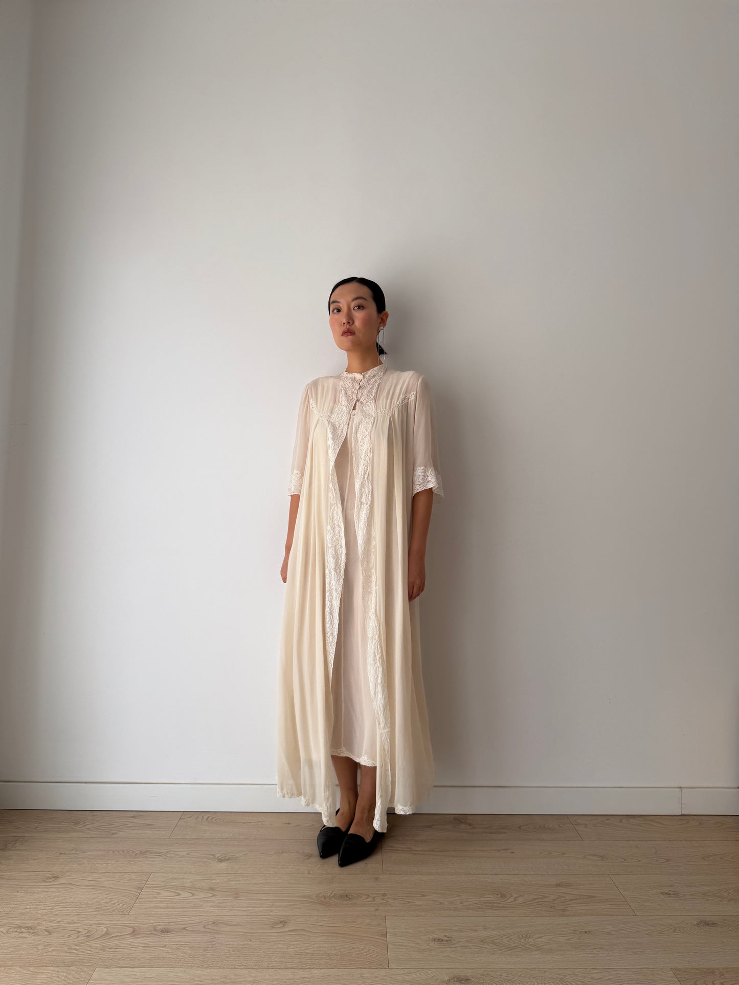 1940s Ivory Pure Silk Peignoir Robe | Vintage Lace Dressing Gown | Sheer Silk Boudoir Robe