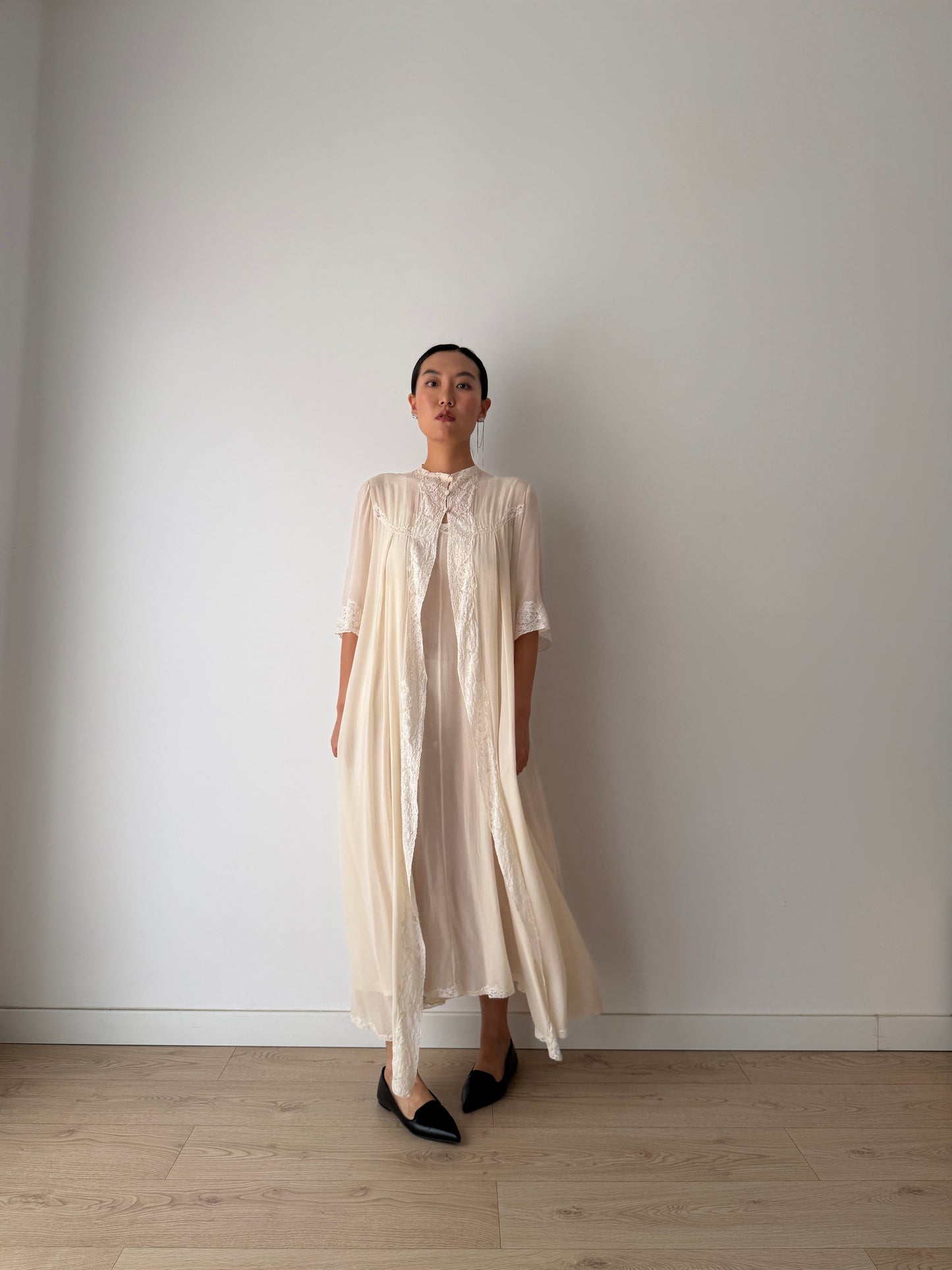 1940s Ivory Pure Silk Peignoir Robe | Vintage Lace Dressing Gown | Sheer Silk Boudoir Robe