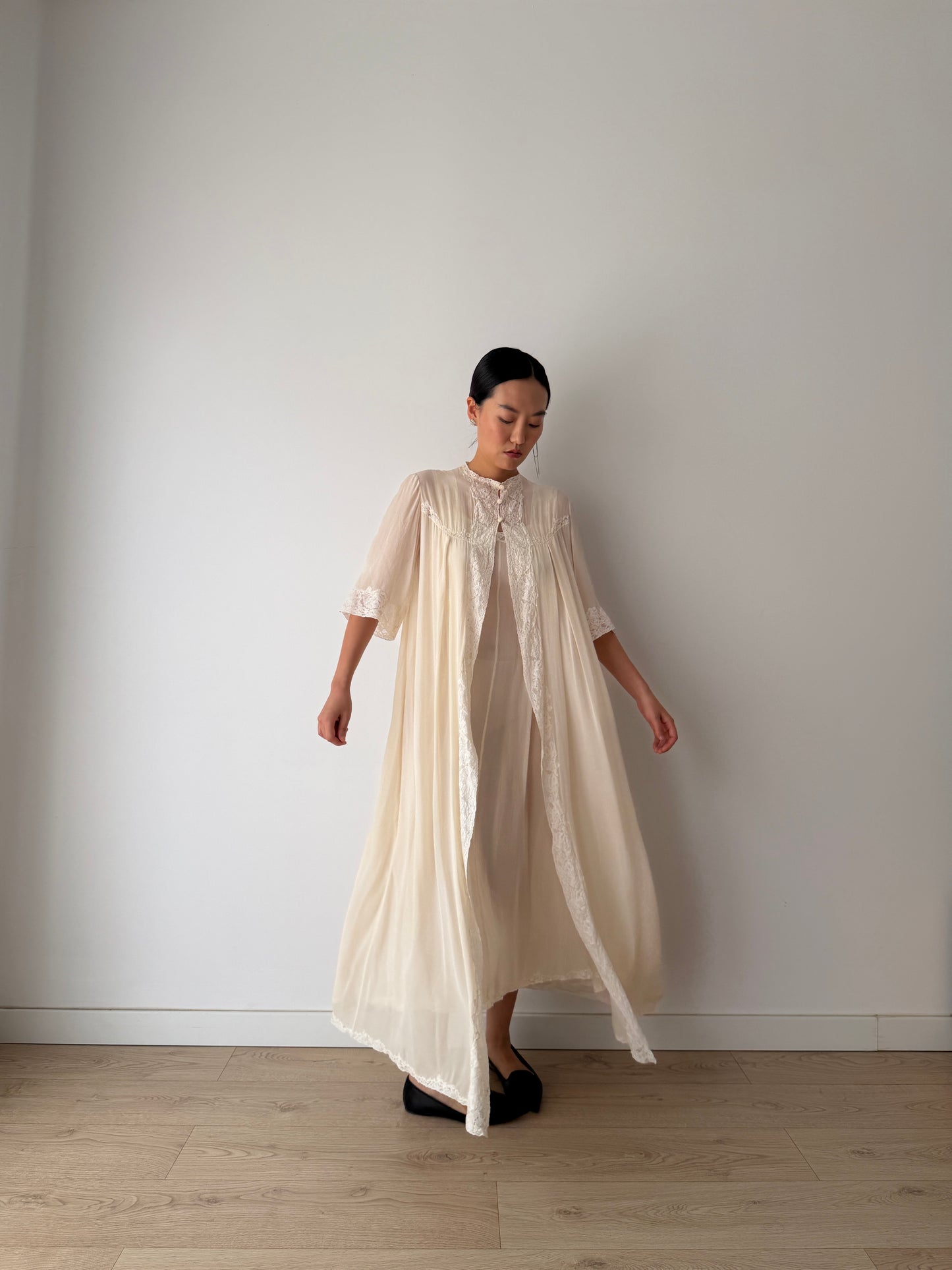1940s Ivory Pure Silk Peignoir Robe | Vintage Lace Dressing Gown | Sheer Silk Boudoir Robe