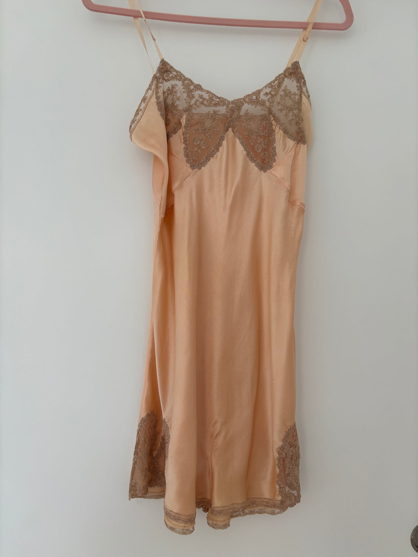 1920s Antique Peach Hand Embroidered Lace Silk Mini Slip Dress