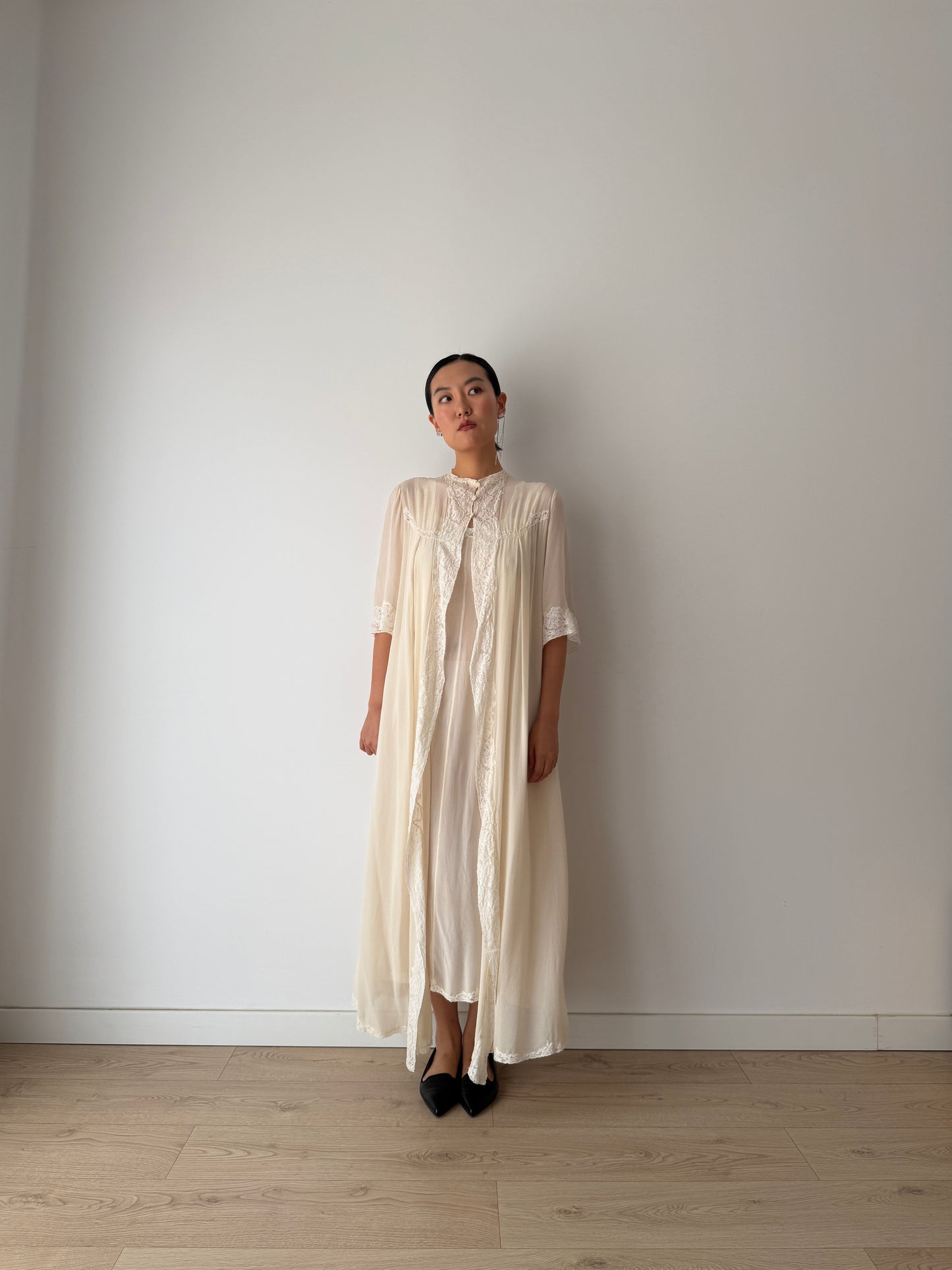 1940s Ivory Pure Silk Peignoir Robe | Vintage Lace Dressing Gown | Sheer Silk Boudoir Robe