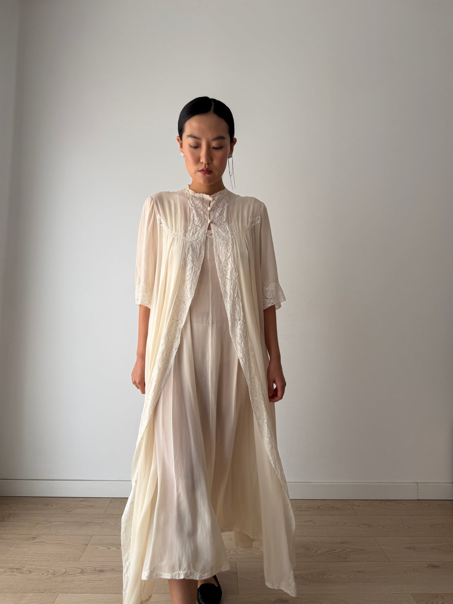 1940s Ivory Pure Silk Peignoir Robe | Vintage Lace Dressing Gown | Sheer Silk Boudoir Robe