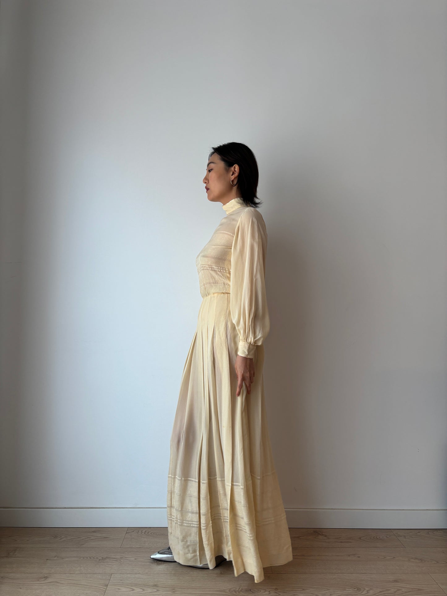 1940s Bridal Pure Silk Cepre Beige Long Pleated Maxi dress size small