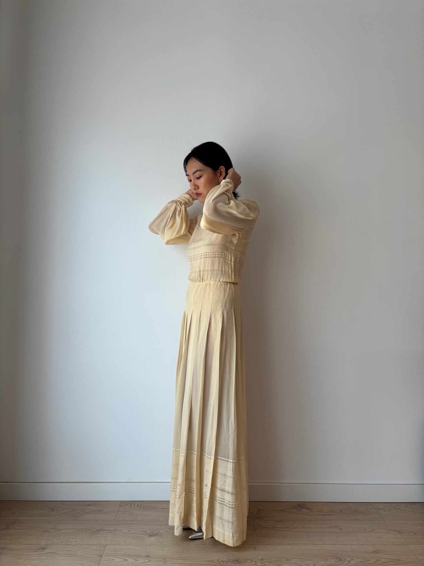 1940s Bridal Pure Silk Cepre Beige Long Pleated Maxi dress size small