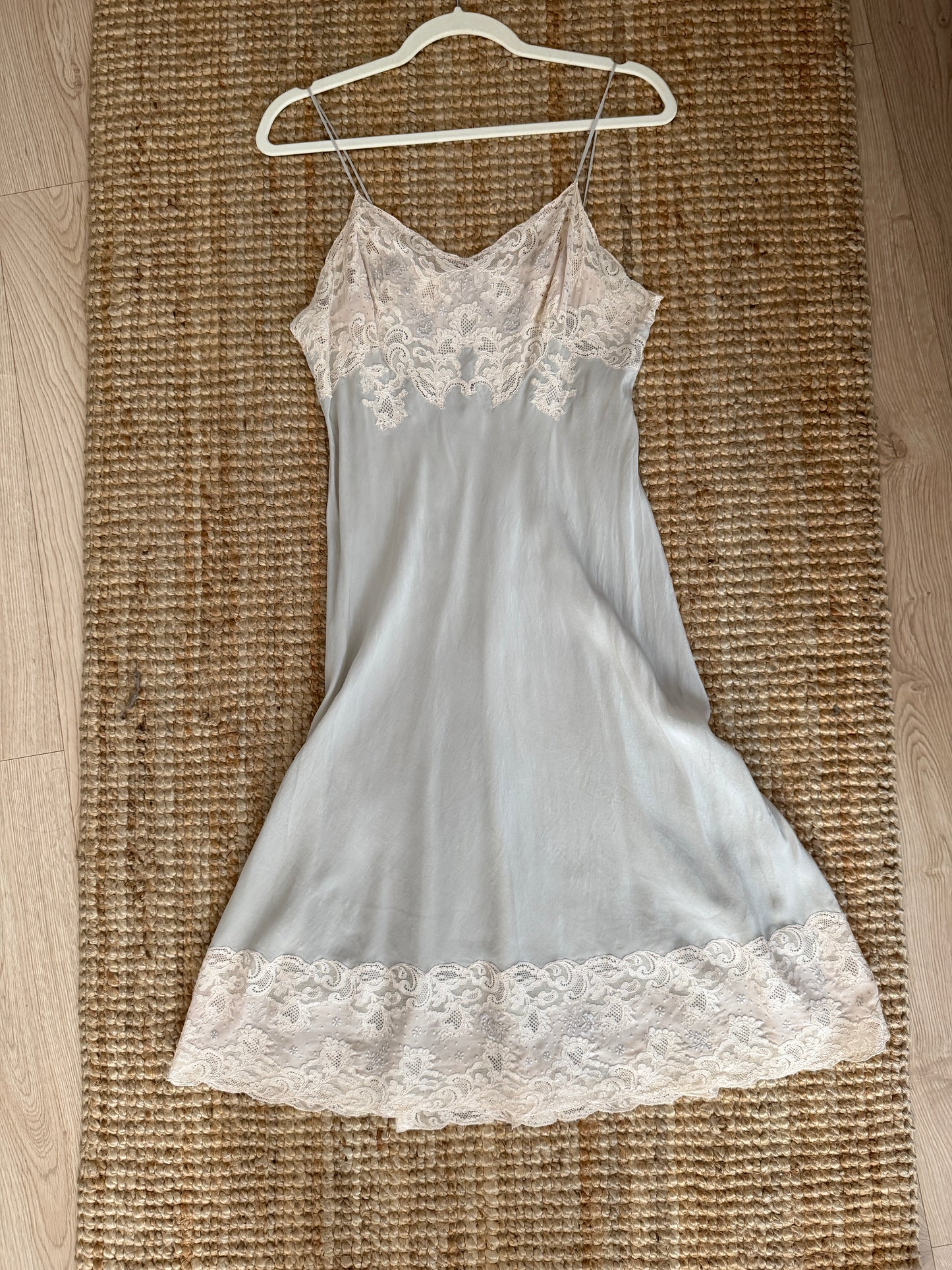 1930s Vintage Grey Blue pure Silk Slip, French Lace Embroidery Dress