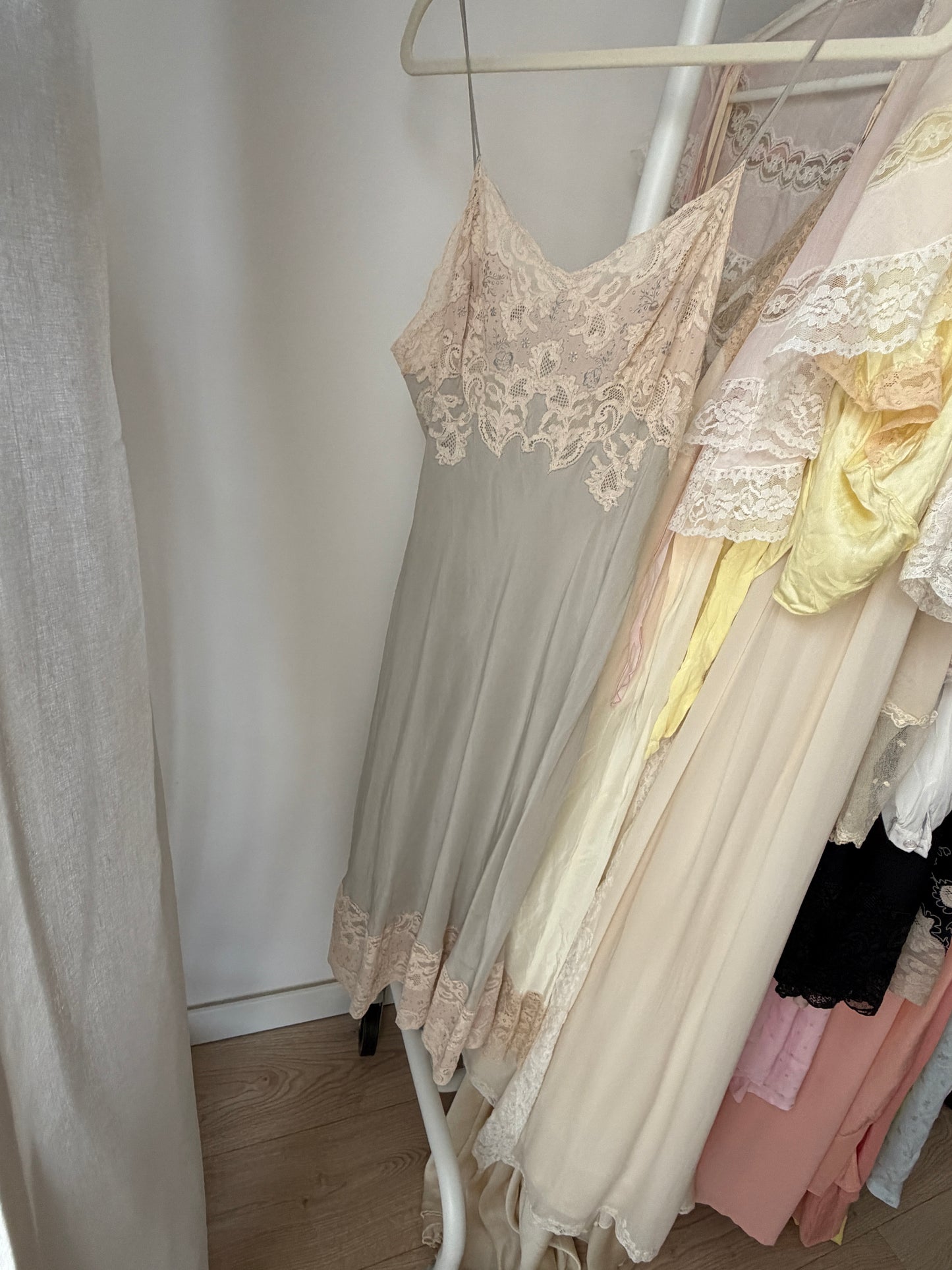 1930s Vintage Grey Blue pure Silk Slip, French Lace Embroidery Dress