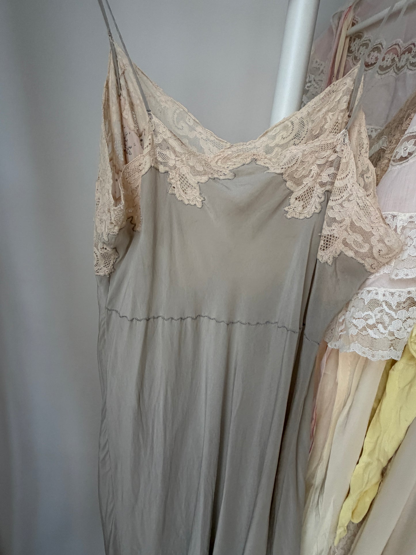 1930s Vintage Grey Blue pure Silk Slip, French Lace Embroidery Dress
