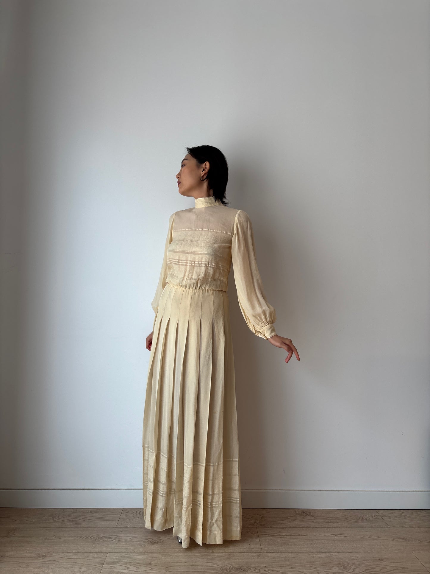 1940s Bridal Pure Silk Cepre Beige Long Pleated Maxi dress size small