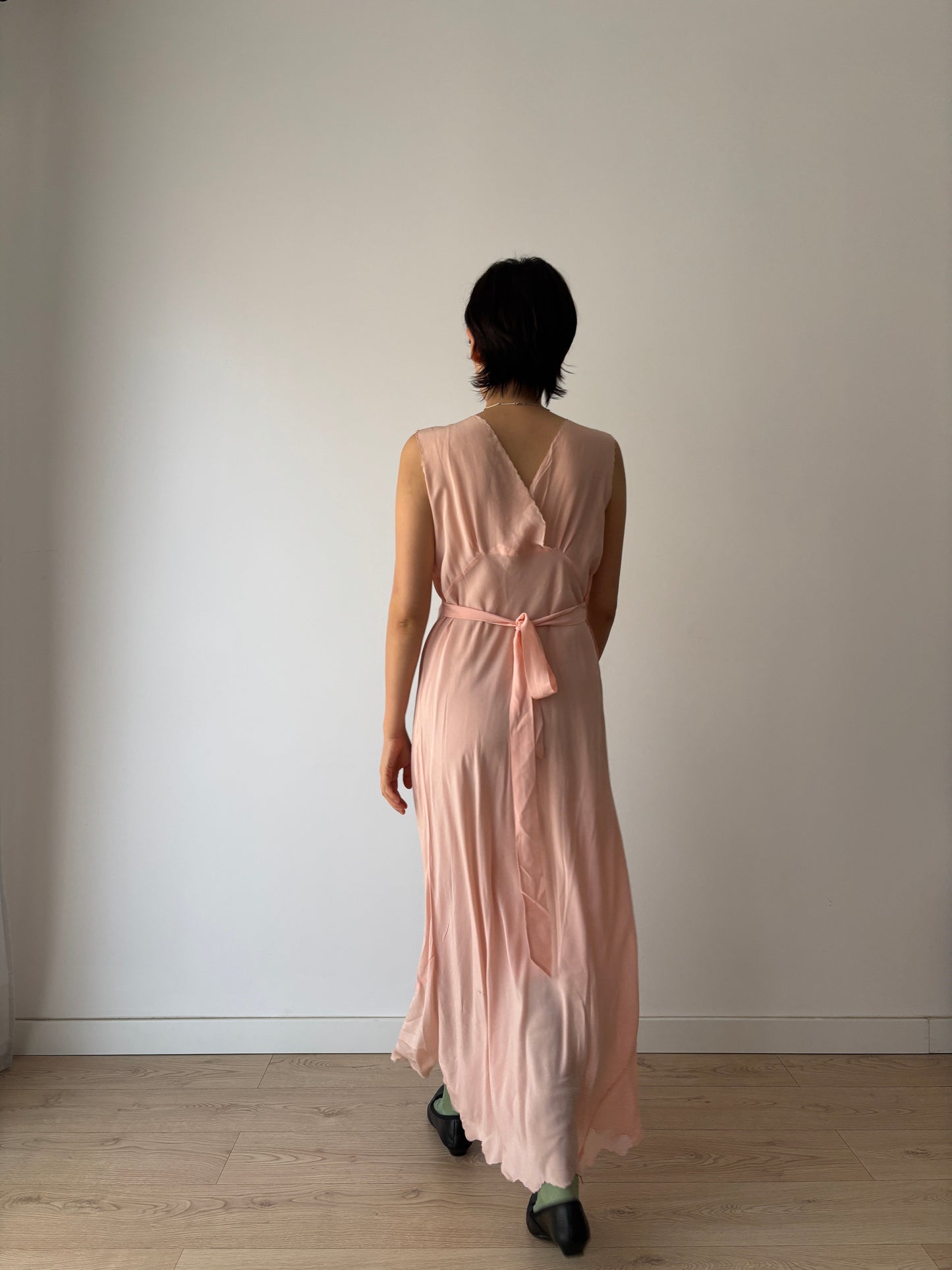 1940s Pastel Pink Silk Bias Cut Pure Silk Embroidered Lace Nightgown
