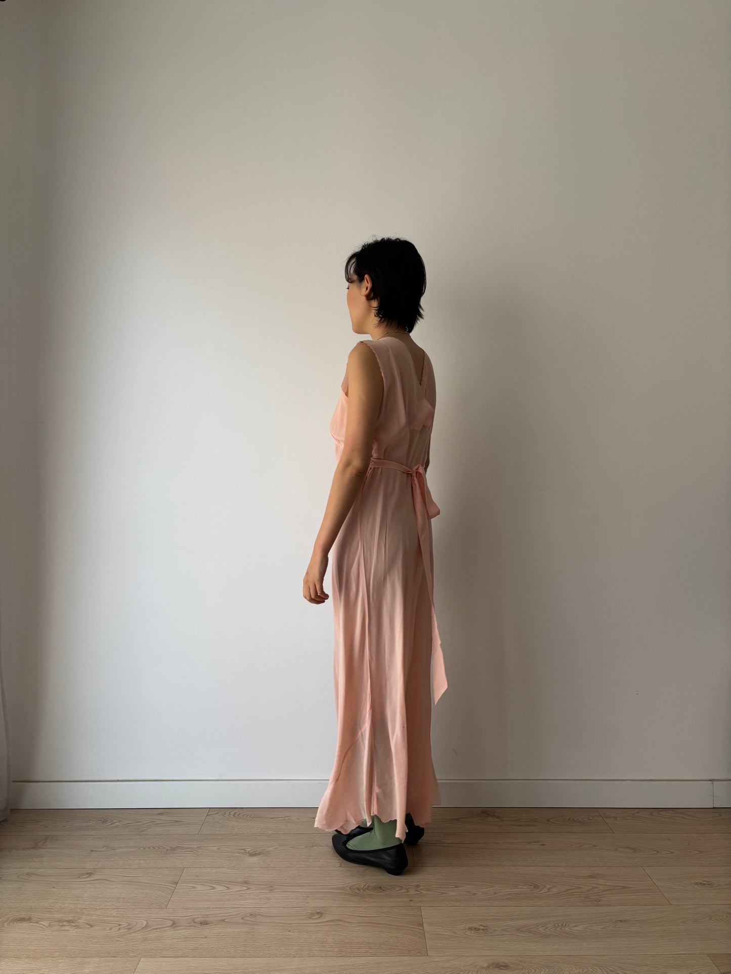 1940s Pastel Pink Silk Bias Cut Pure Silk Embroidered Lace Nightgown