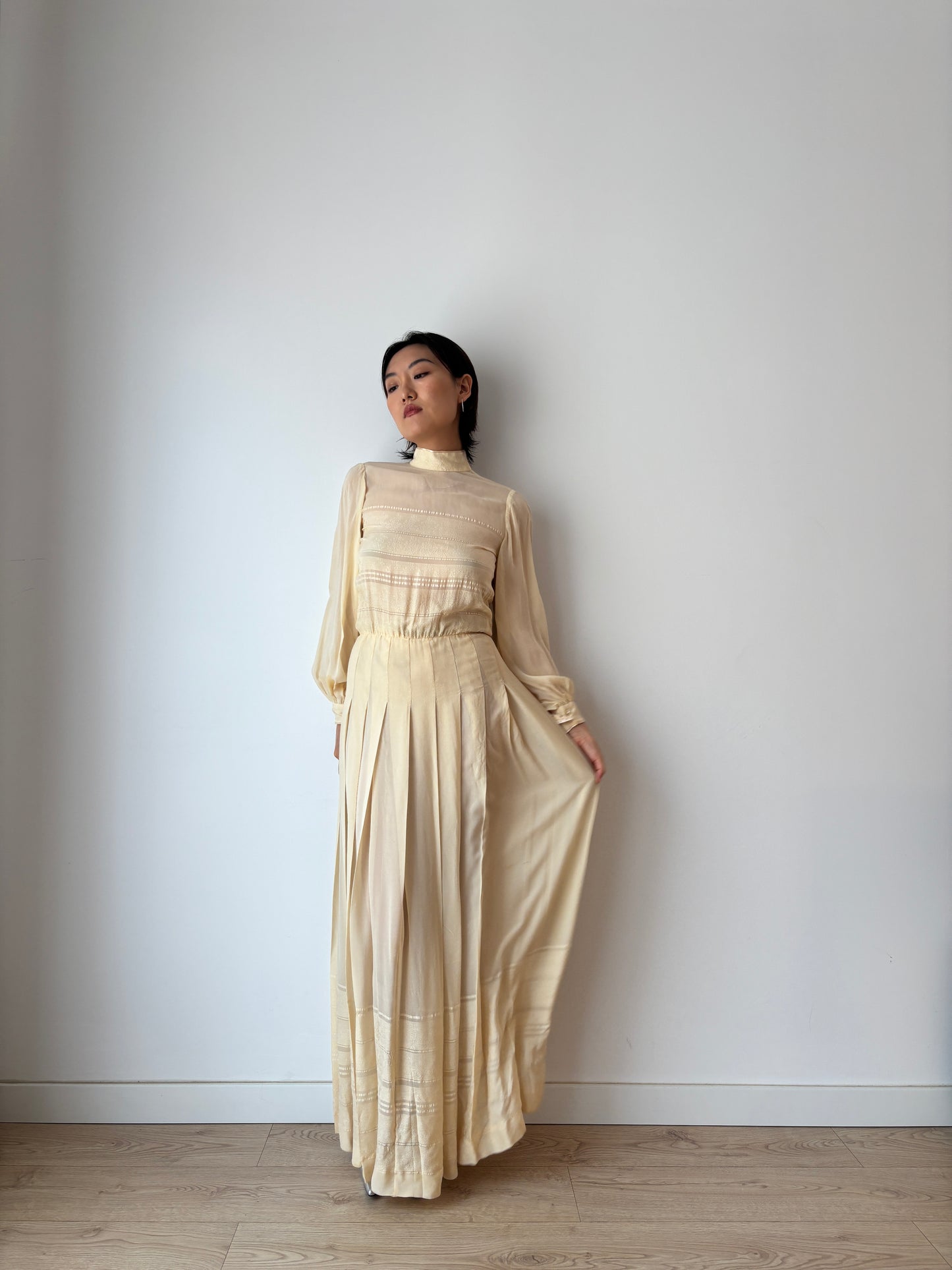 1940s Bridal Pure Silk Cepre Beige Long Pleated Maxi dress size small
