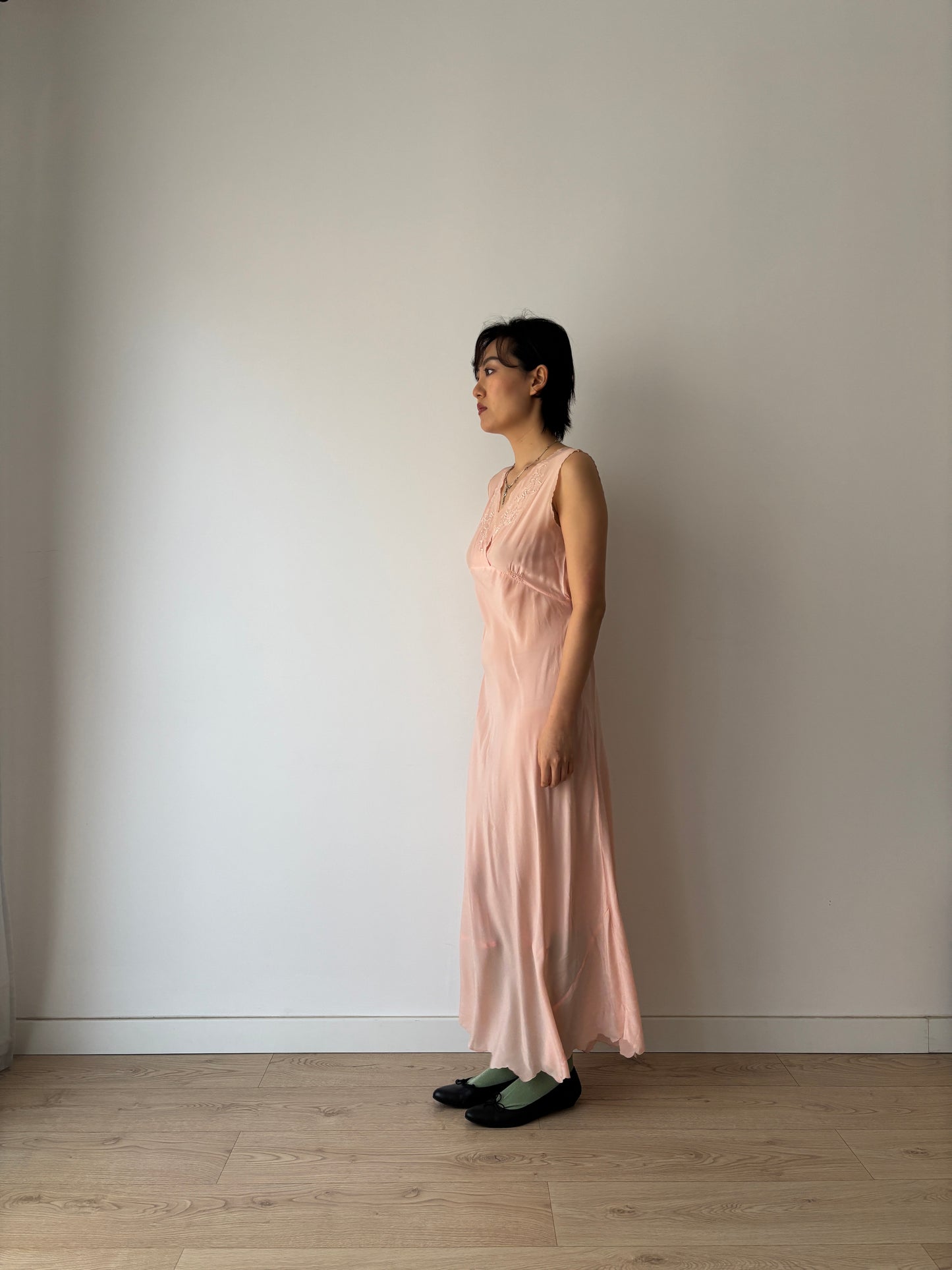 1940s Pastel Pink Silk Bias Cut Pure Silk Embroidered Lace Nightgown