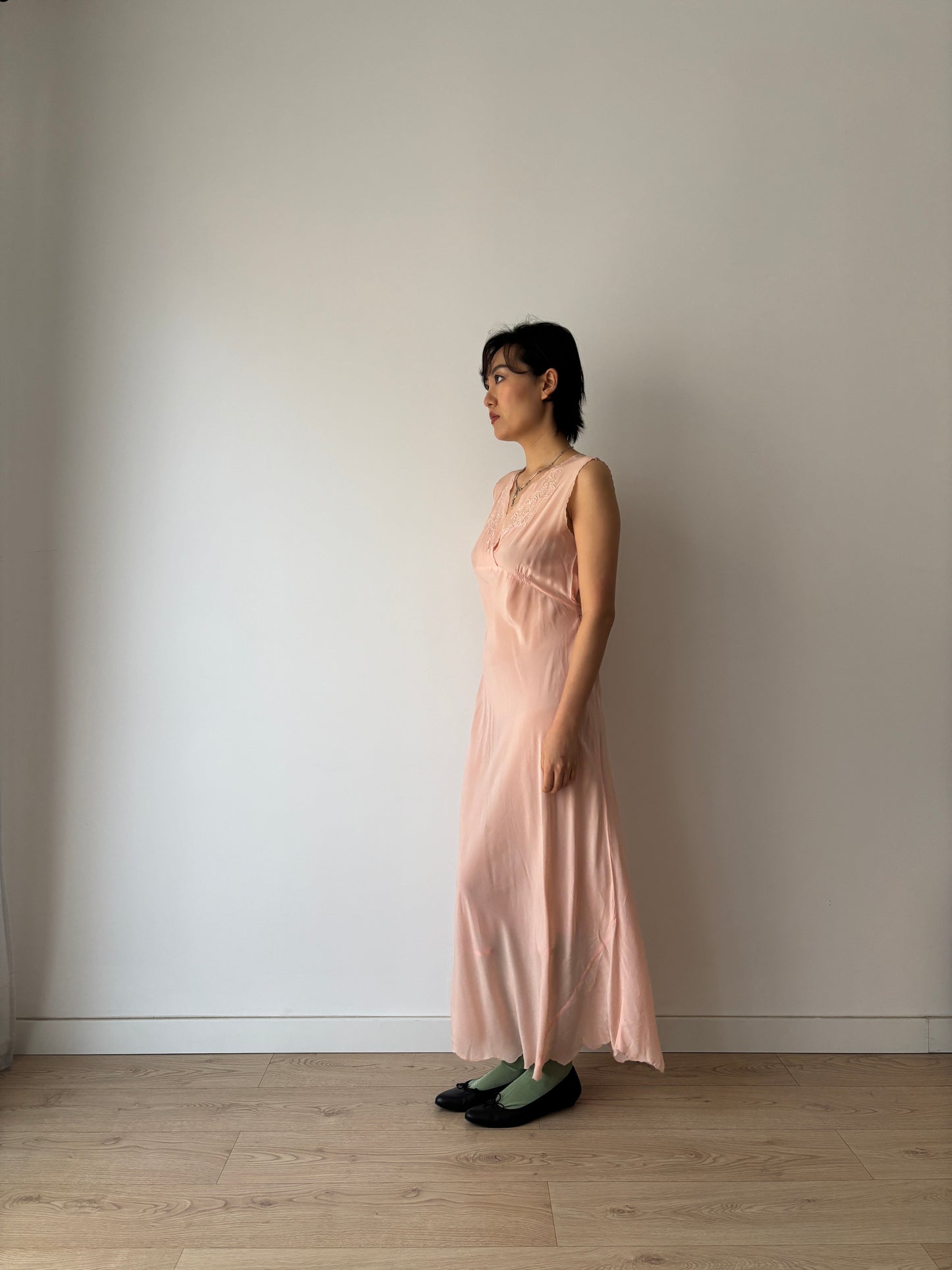 1940s Pastel Pink Silk Bias Cut Pure Silk Embroidered Lace Nightgown