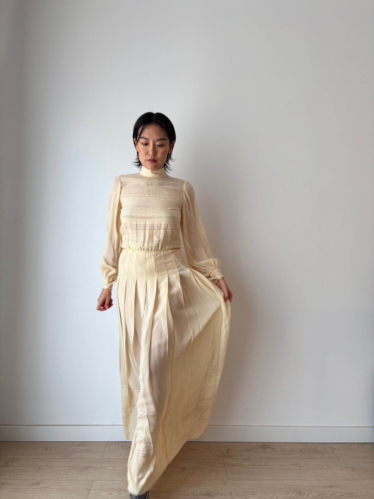 1940s Bridal Pure Silk Cepre Beige Long Pleated Maxi dress size small