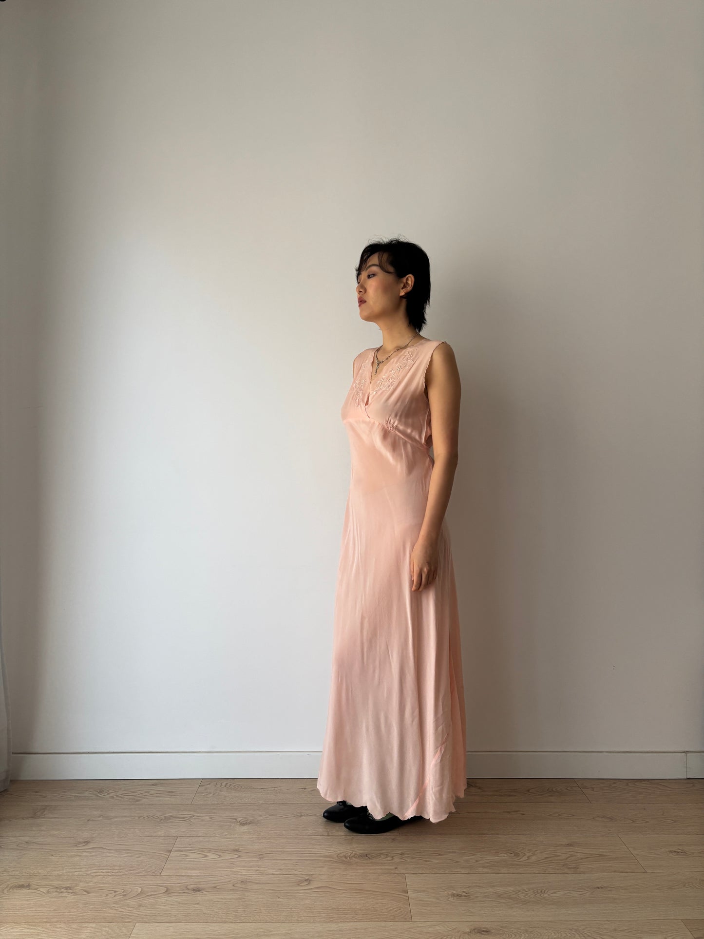 1940s Pastel Pink Silk Bias Cut Pure Silk Embroidered Lace Nightgown