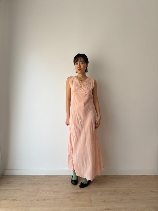 1940s Pastel Pink Silk Bias Cut Pure Silk Embroidered Lace Nightgown