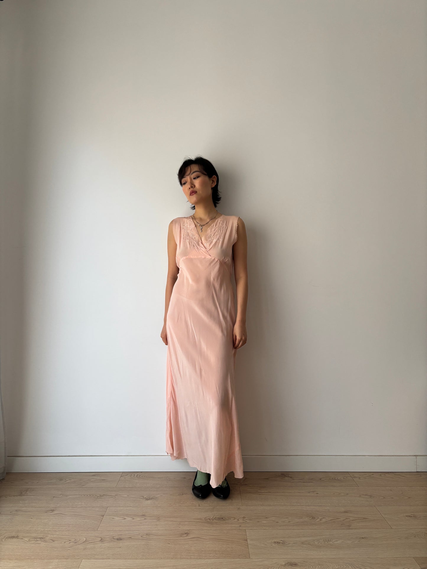 1940s Pastel Pink Silk Bias Cut Pure Silk Embroidered Lace Nightgown