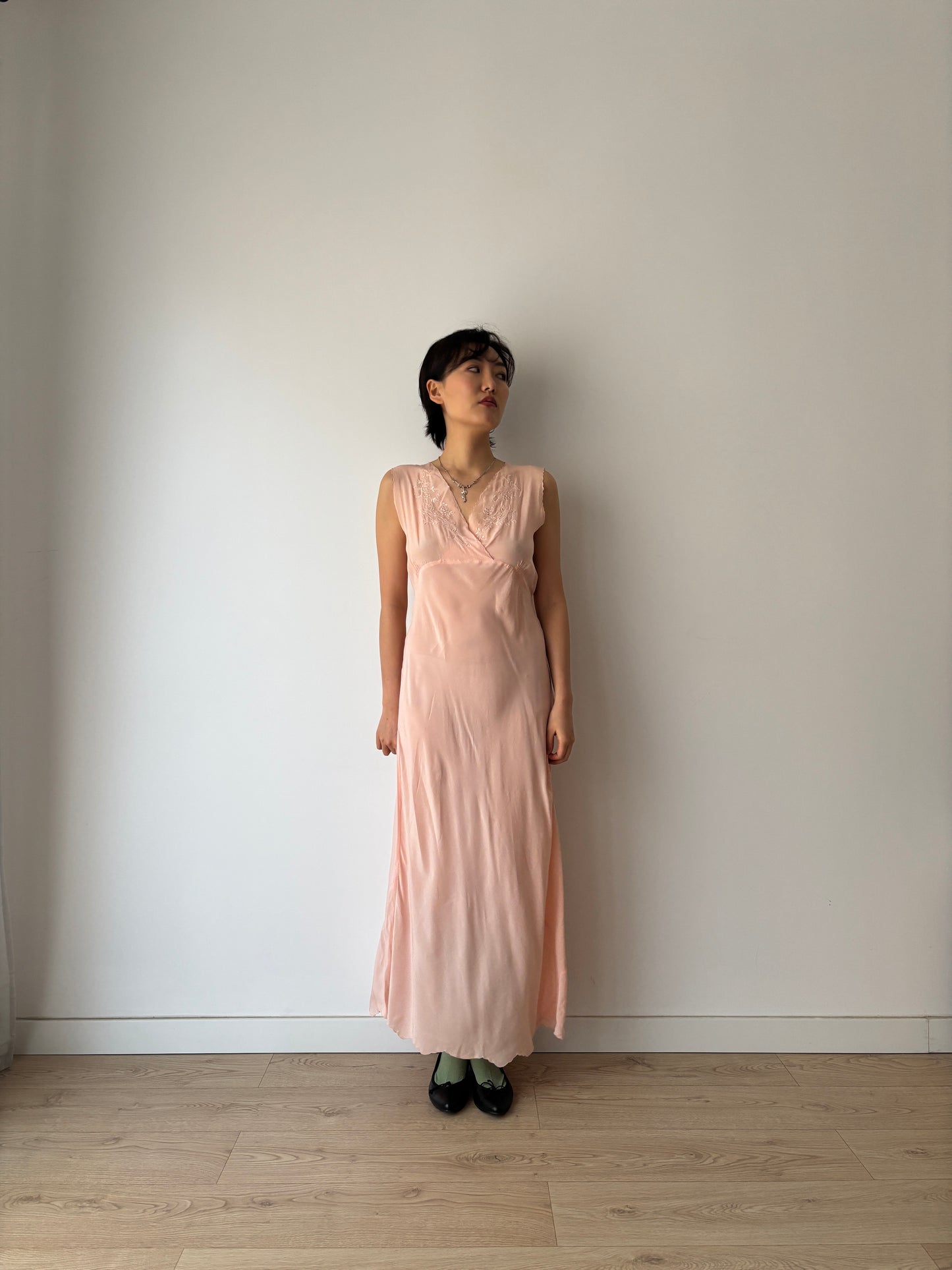 1940s Pastel Pink Silk Bias Cut Pure Silk Embroidered Lace Nightgown