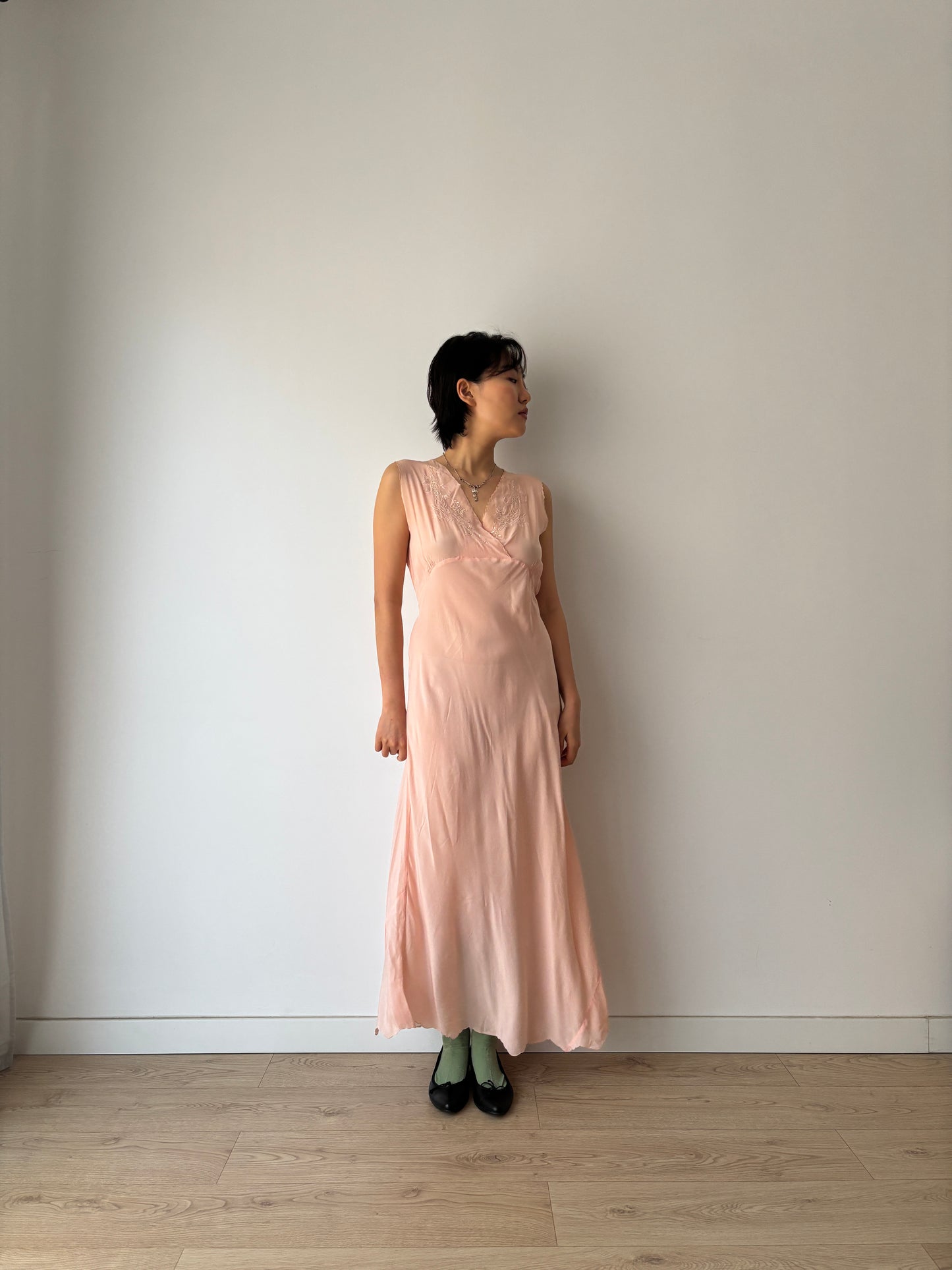 1940s Pastel Pink Silk Bias Cut Pure Silk Embroidered Lace Nightgown