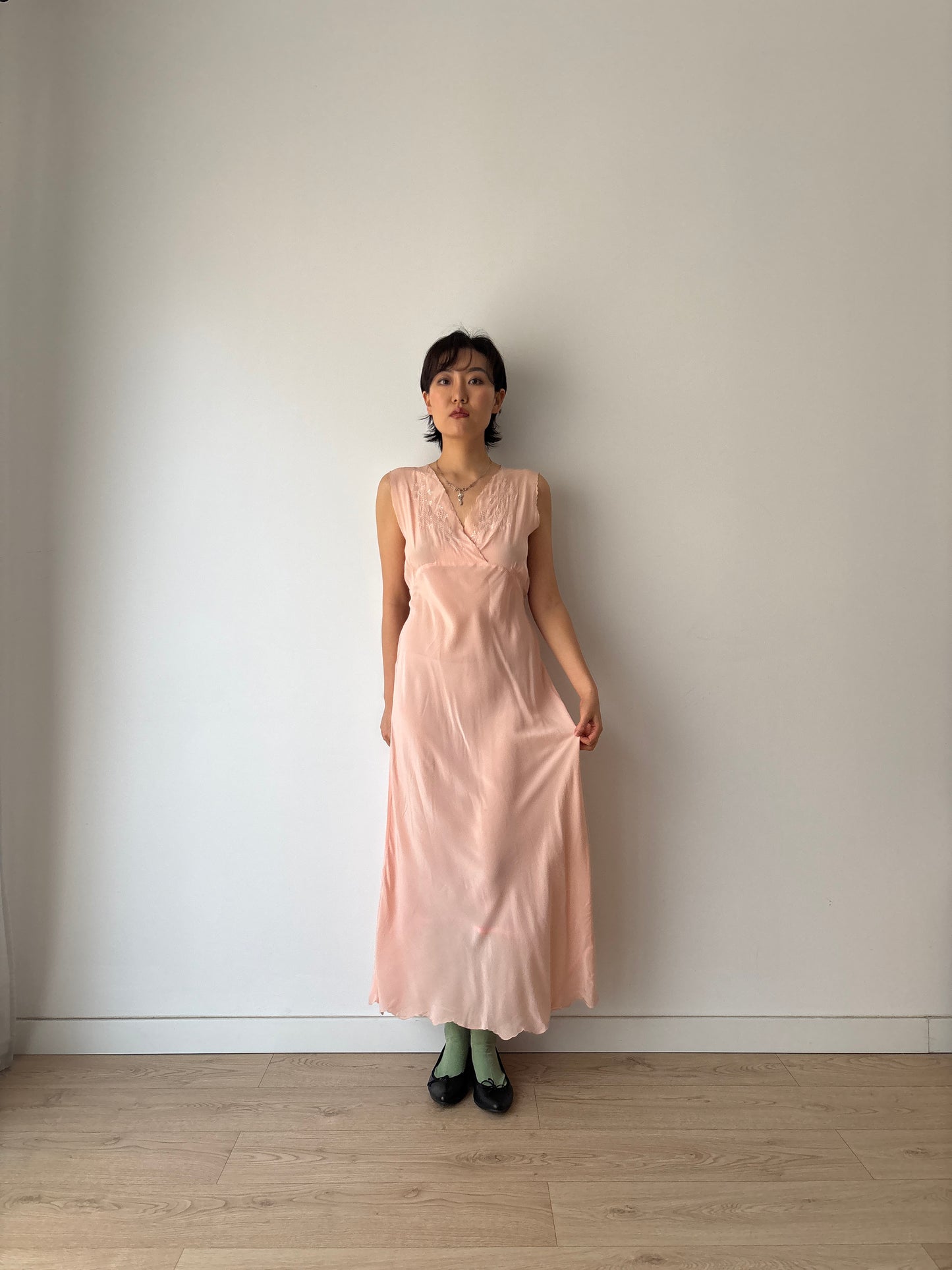 1940s Pastel Pink Silk Bias Cut Pure Silk Embroidered Lace Nightgown