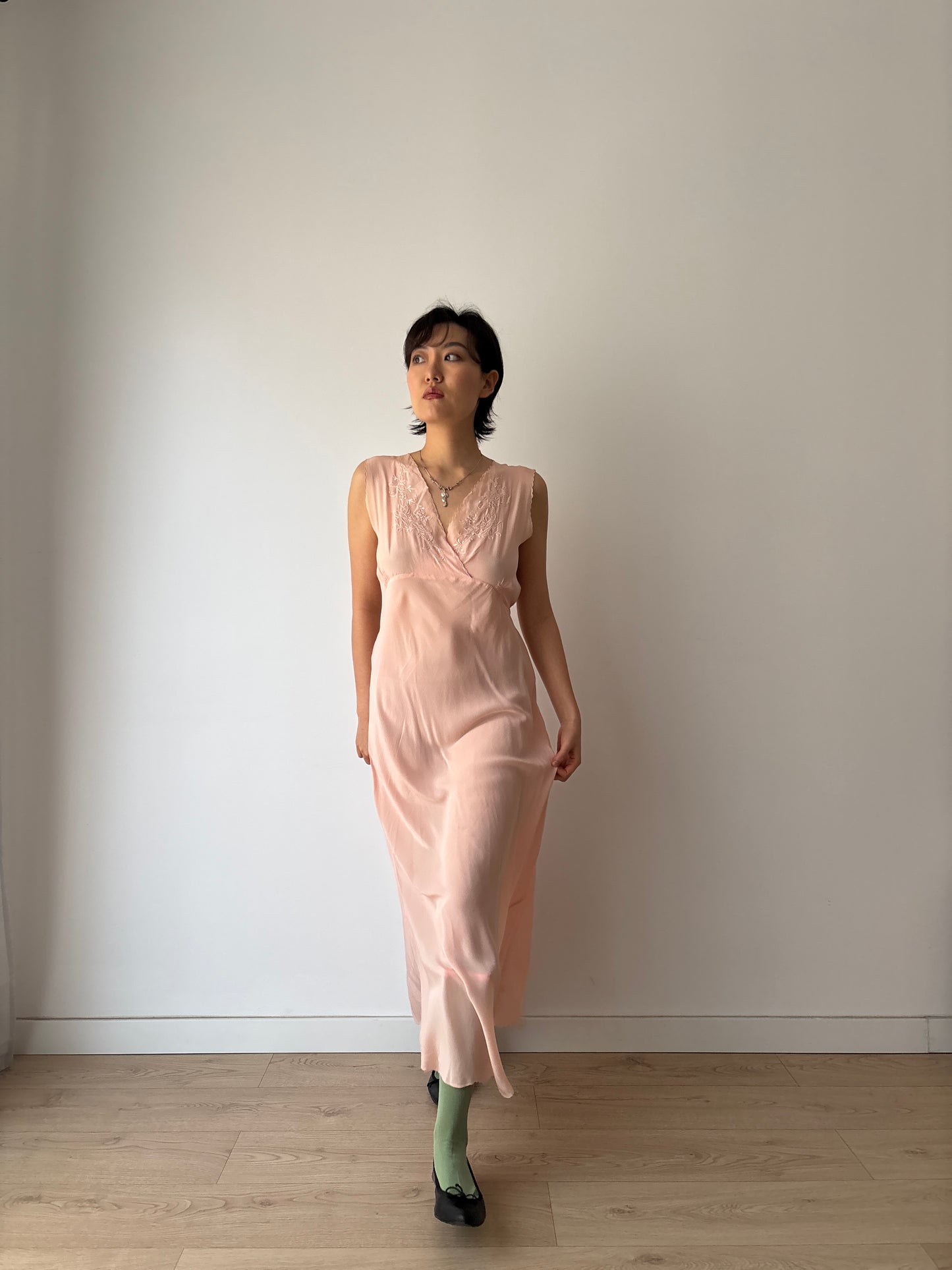 1940s Pastel Pink Silk Bias Cut Pure Silk Embroidered Lace Nightgown