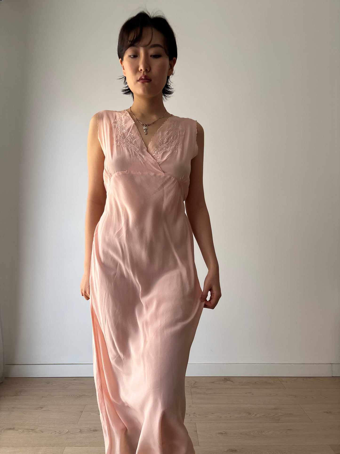 1940s Pastel Pink Silk Bias Cut Pure Silk Embroidered Lace Nightgown