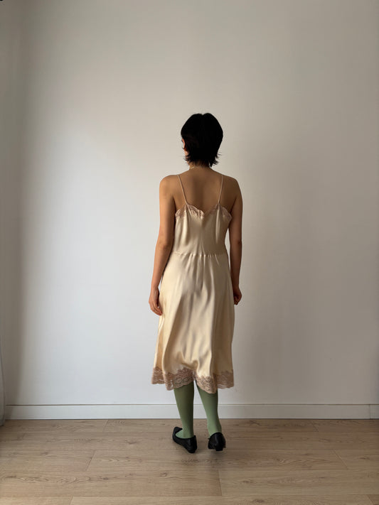 Antique Silk Slip Dress, Lace Embroidered Appliqué Dress, 1930s Bridal Lingerie Slip