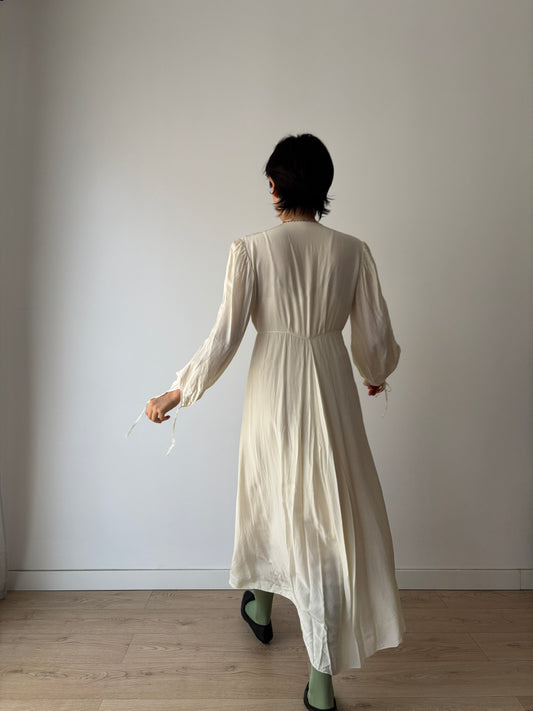 1940s Antique Yellow Lace Embroidered Silk Satin Long Sleeve Slip Maxi Nightgown