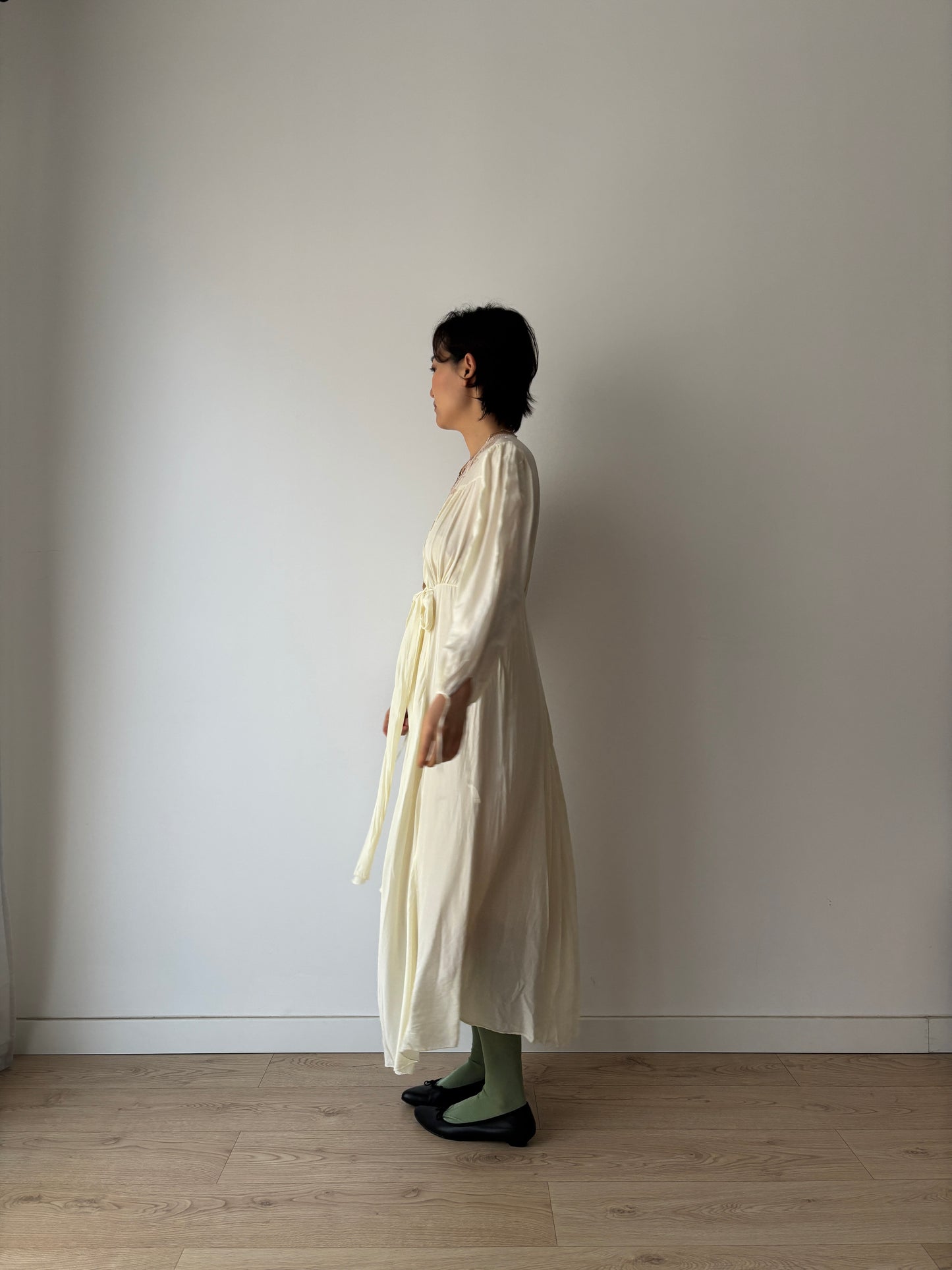 1940s Antique Yellow Lace Embroidered Silk Satin Long Sleeve Slip Maxi Nightgown