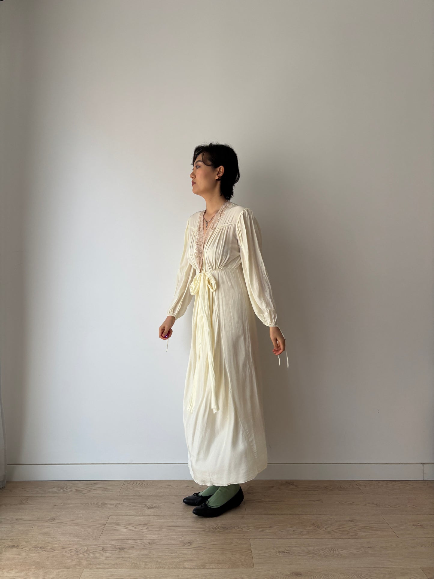 1940s Antique Yellow Lace Embroidered Silk Satin Long Sleeve Slip Maxi Nightgown