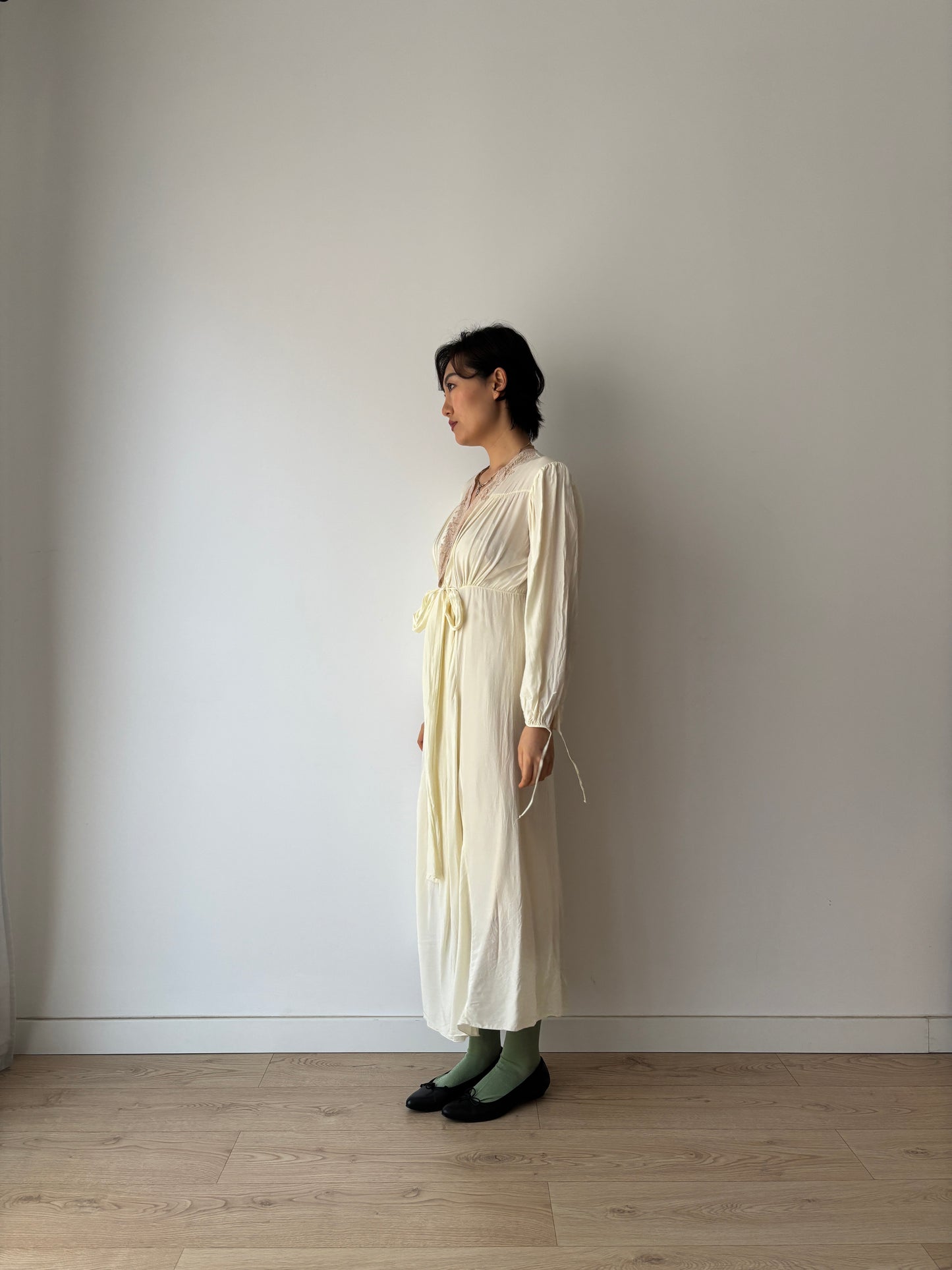 1940s Antique Yellow Lace Embroidered Silk Satin Long Sleeve Slip Maxi Nightgown