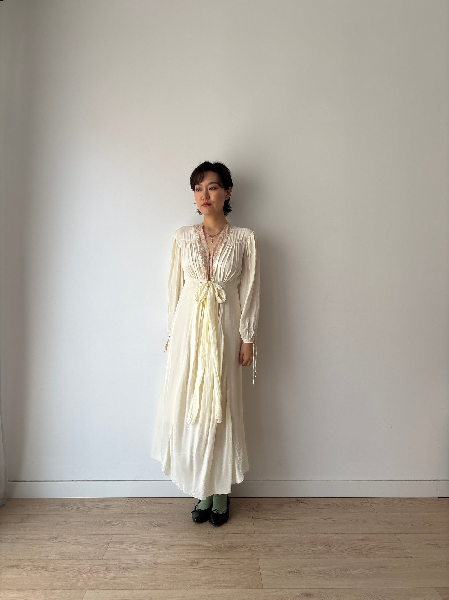 1940s Antique Yellow Lace Embroidered Silk Satin Long Sleeve Slip Maxi Nightgown