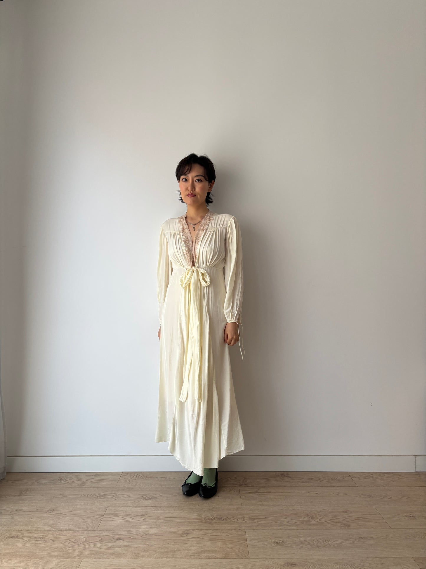 1940s Antique Yellow Lace Embroidered Silk Satin Long Sleeve Slip Maxi Nightgown