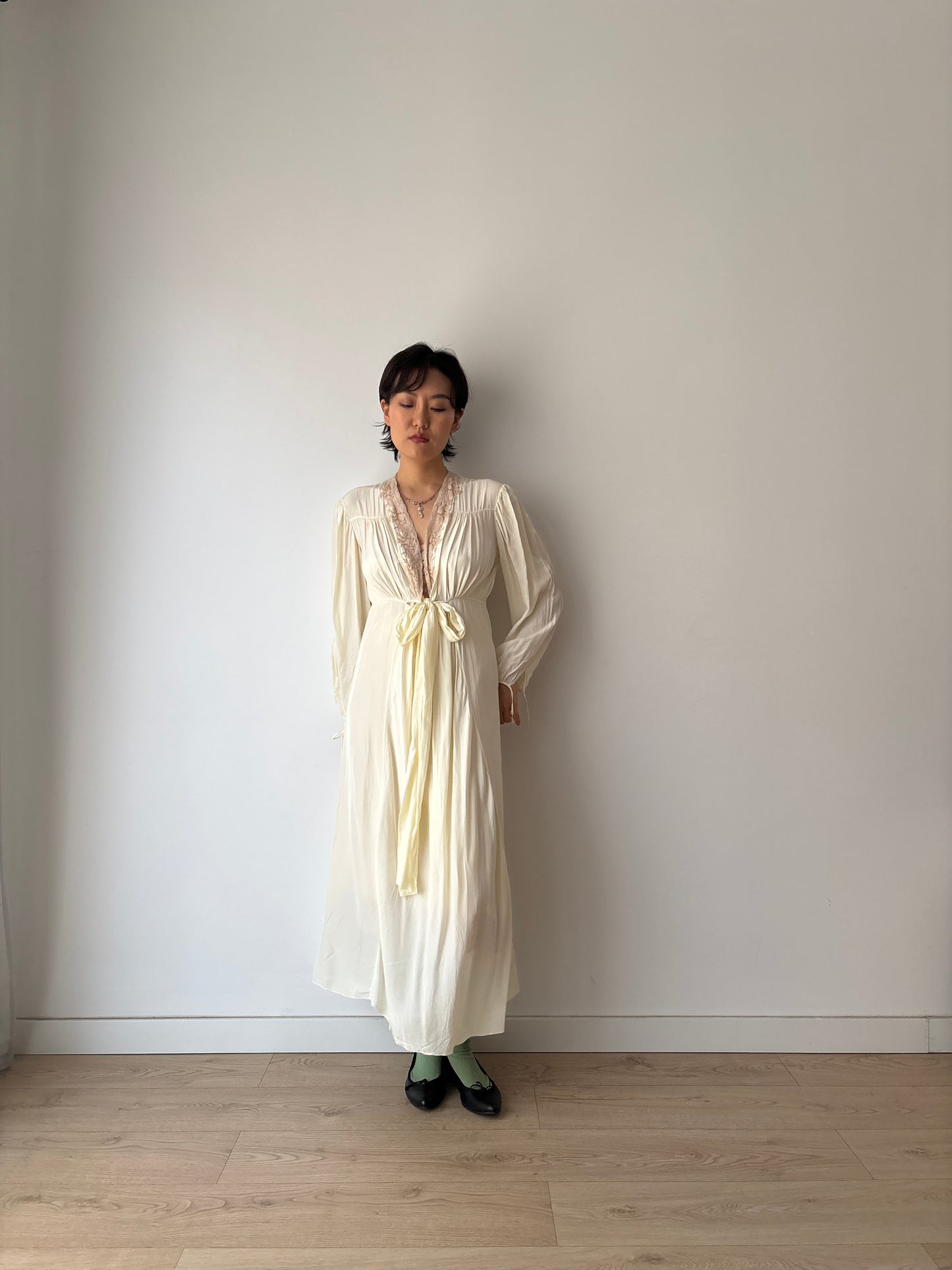 1940s Antique Yellow Lace Embroidered Silk Satin Long Sleeve Slip Maxi Nightgown