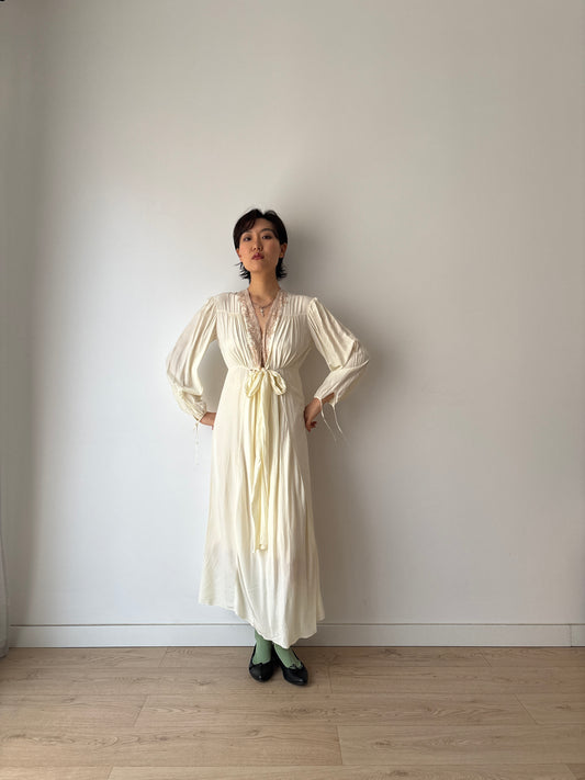 1940s Antique Yellow Lace Embroidered Silk Satin Long Sleeve Slip Maxi Nightgown