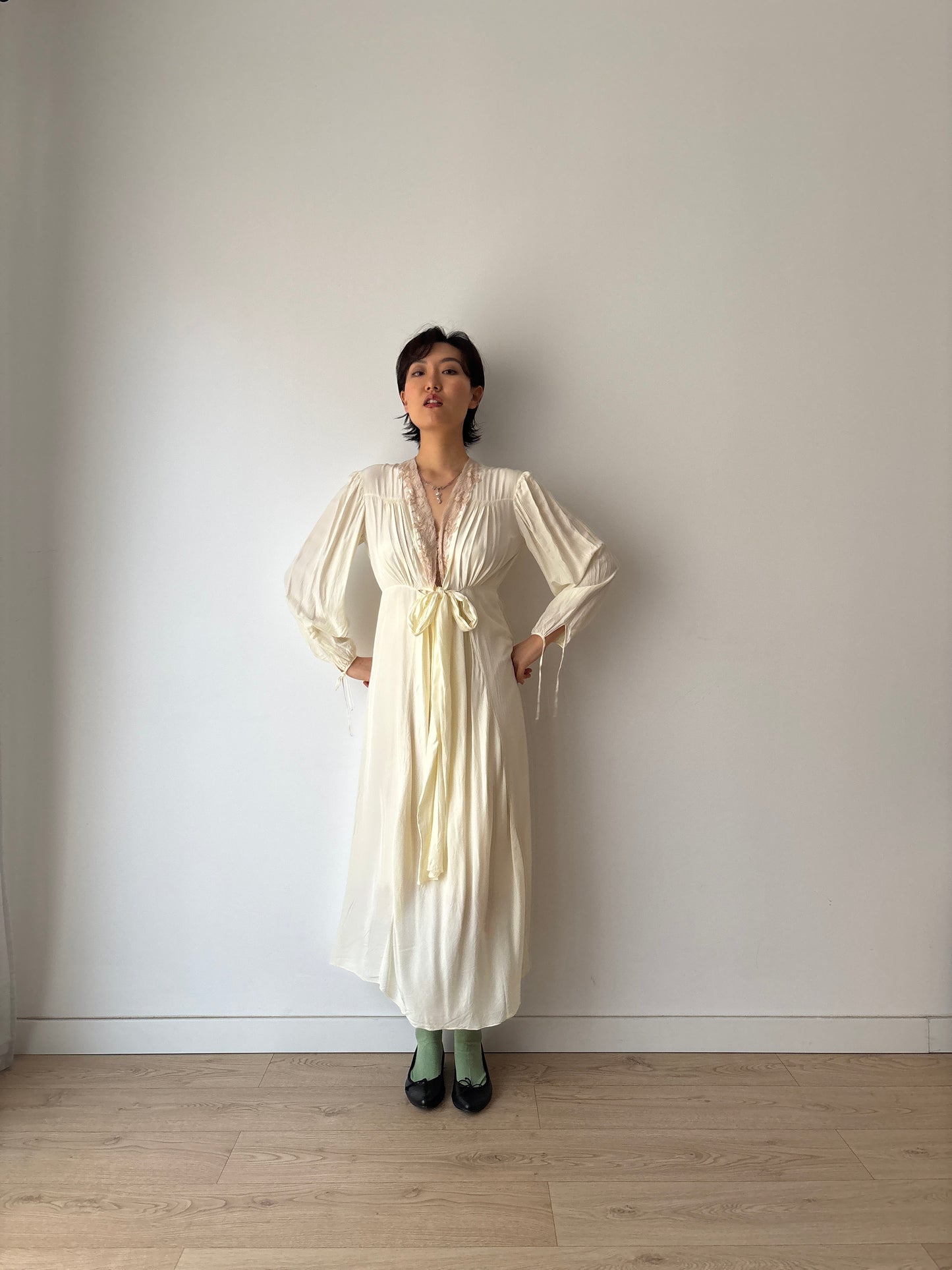 1940s Antique Yellow Lace Embroidered Silk Satin Long Sleeve Slip Maxi Nightgown