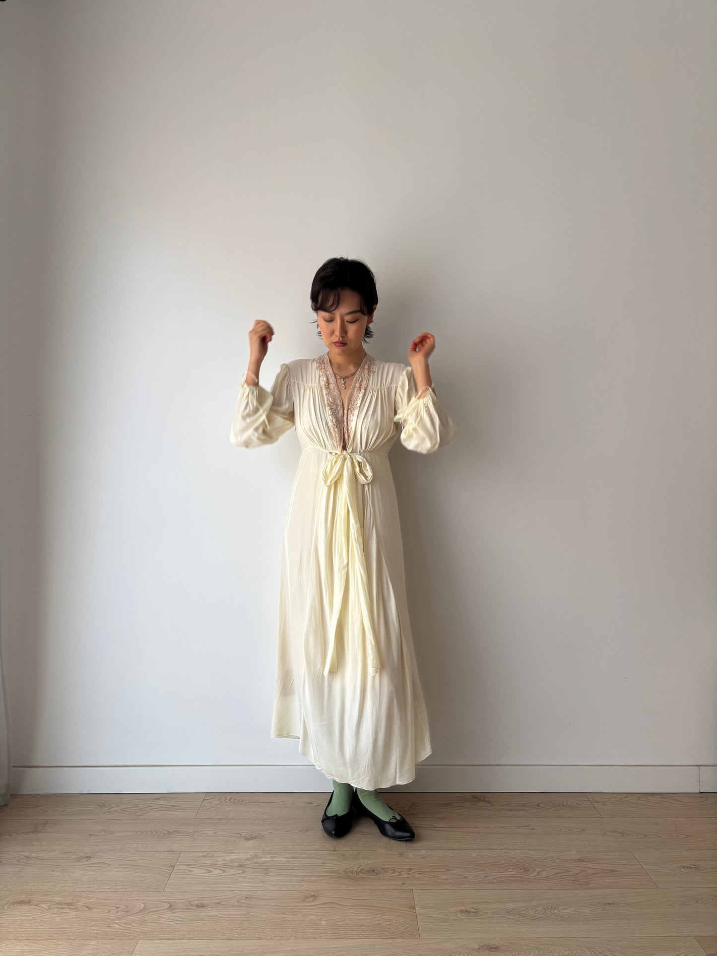 1940s Antique Yellow Lace Embroidered Silk Satin Long Sleeve Slip Maxi Nightgown