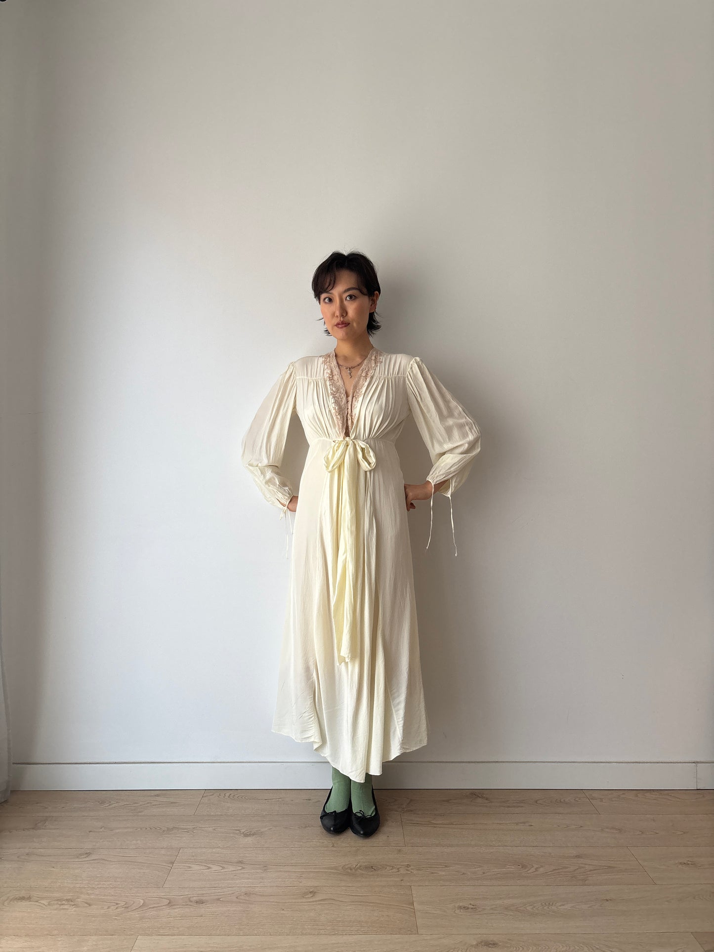 1940s Antique Yellow Lace Embroidered Silk Satin Long Sleeve Slip Maxi Nightgown