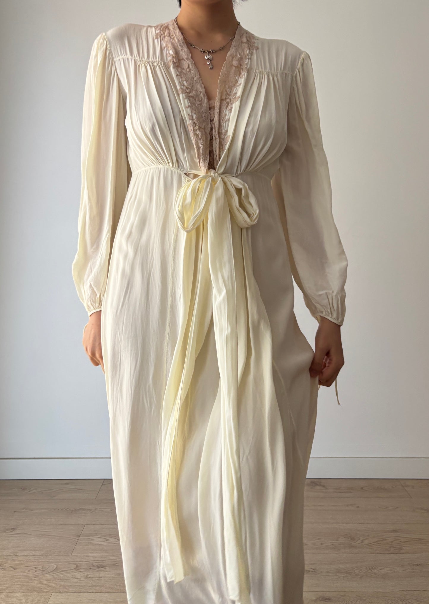1940s Antique Yellow Lace Embroidered Silk Satin Long Sleeve Slip Maxi Nightgown