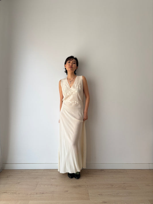 1930s bias cut white silk bridal floral lace dress